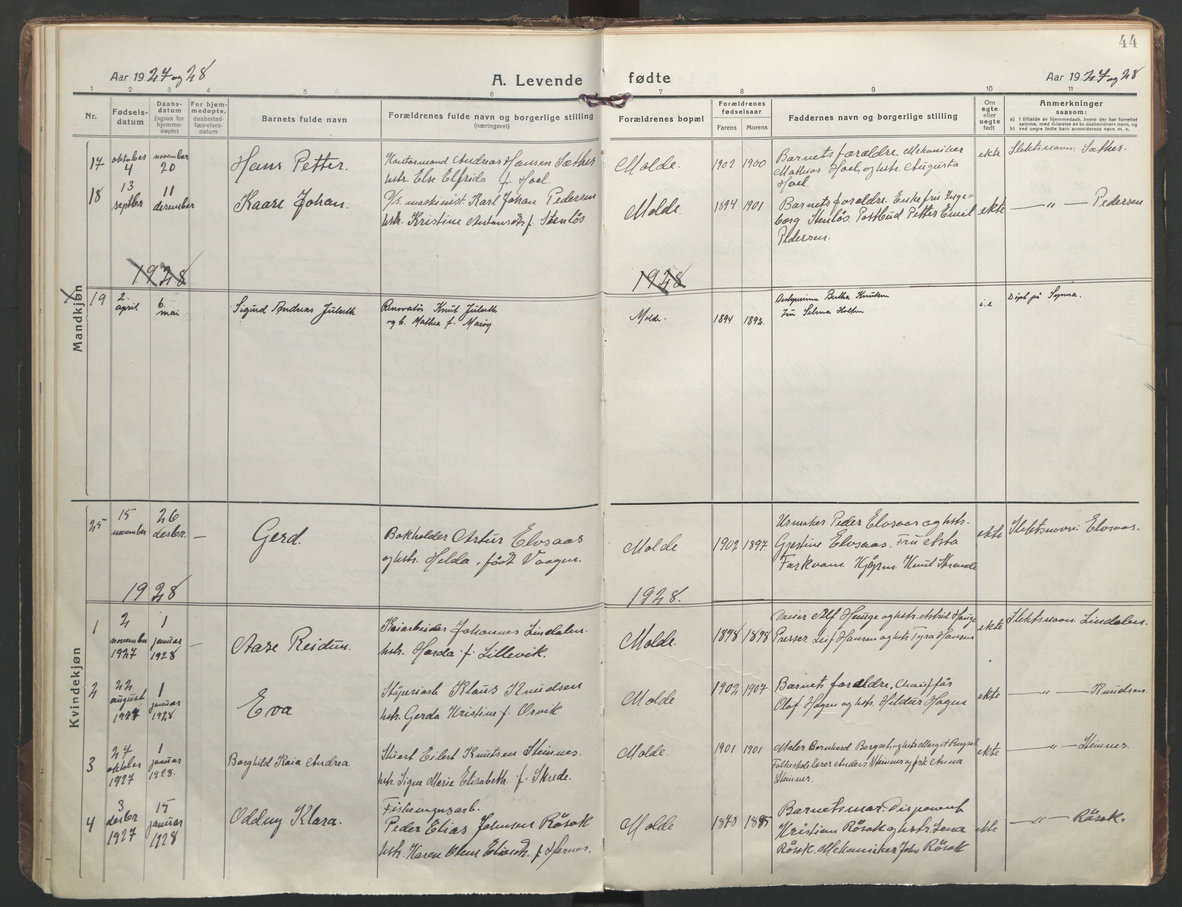 Ministerialprotokoller, klokkerbøker og fødselsregistre - Møre og Romsdal, AV/SAT-A-1454/558/L0696: Parish register (official) no. 558A10, 1917-1929, p. 44