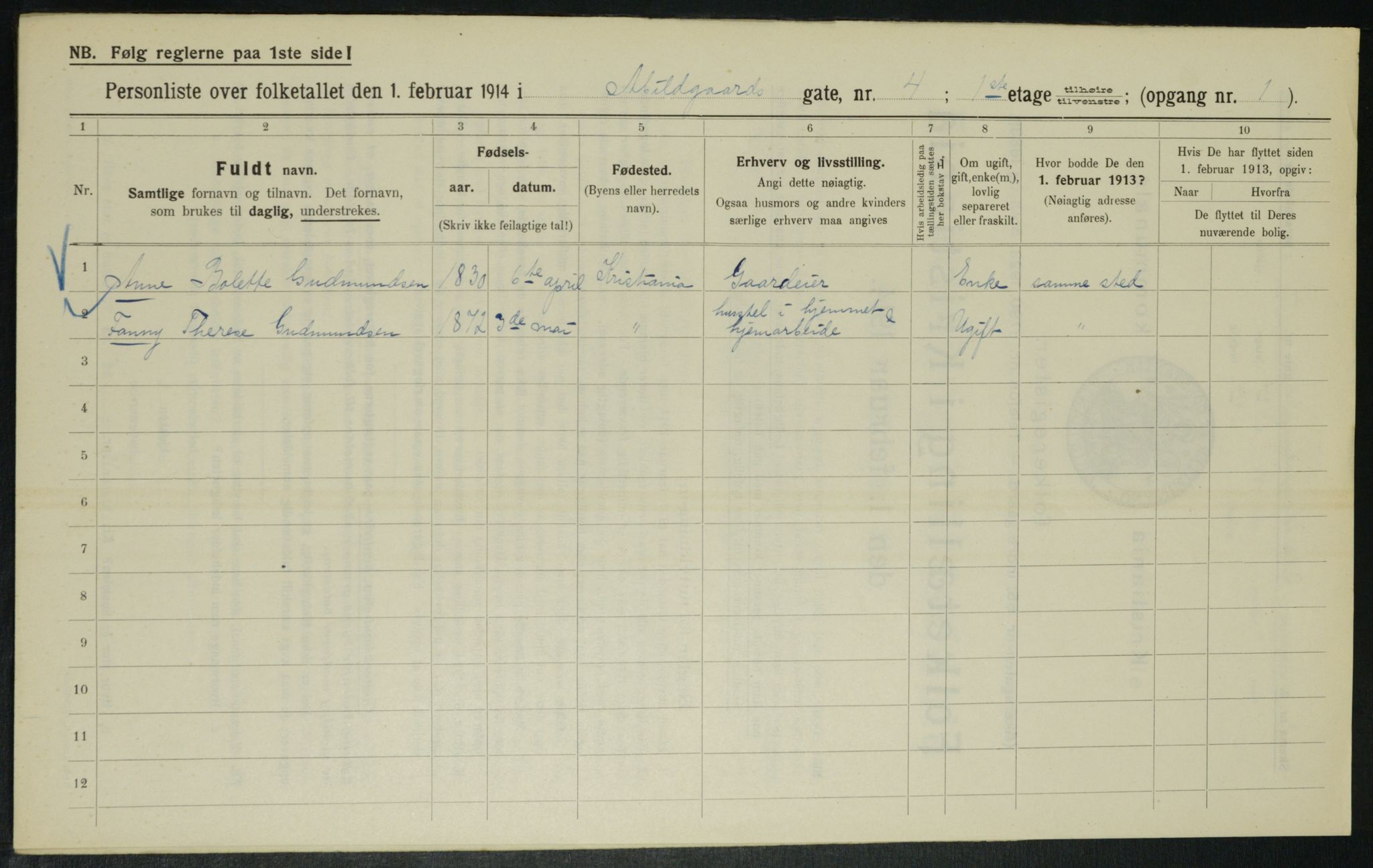 OBA, Municipal Census 1914 for Kristiania, 1914, p. 21