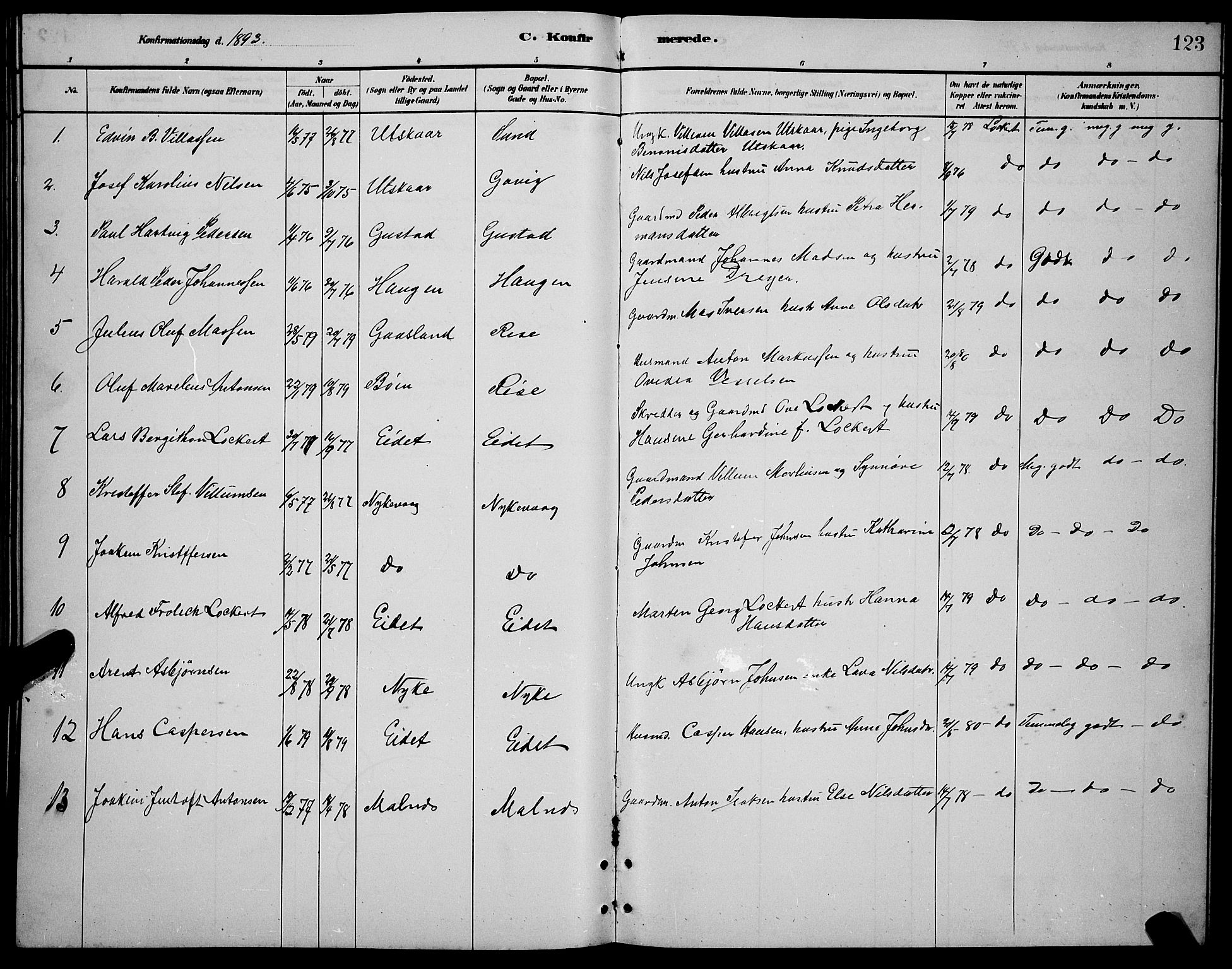 Ministerialprotokoller, klokkerbøker og fødselsregistre - Nordland, AV/SAT-A-1459/892/L1325: Parish register (copy) no. 892C02, 1878-1896, p. 123