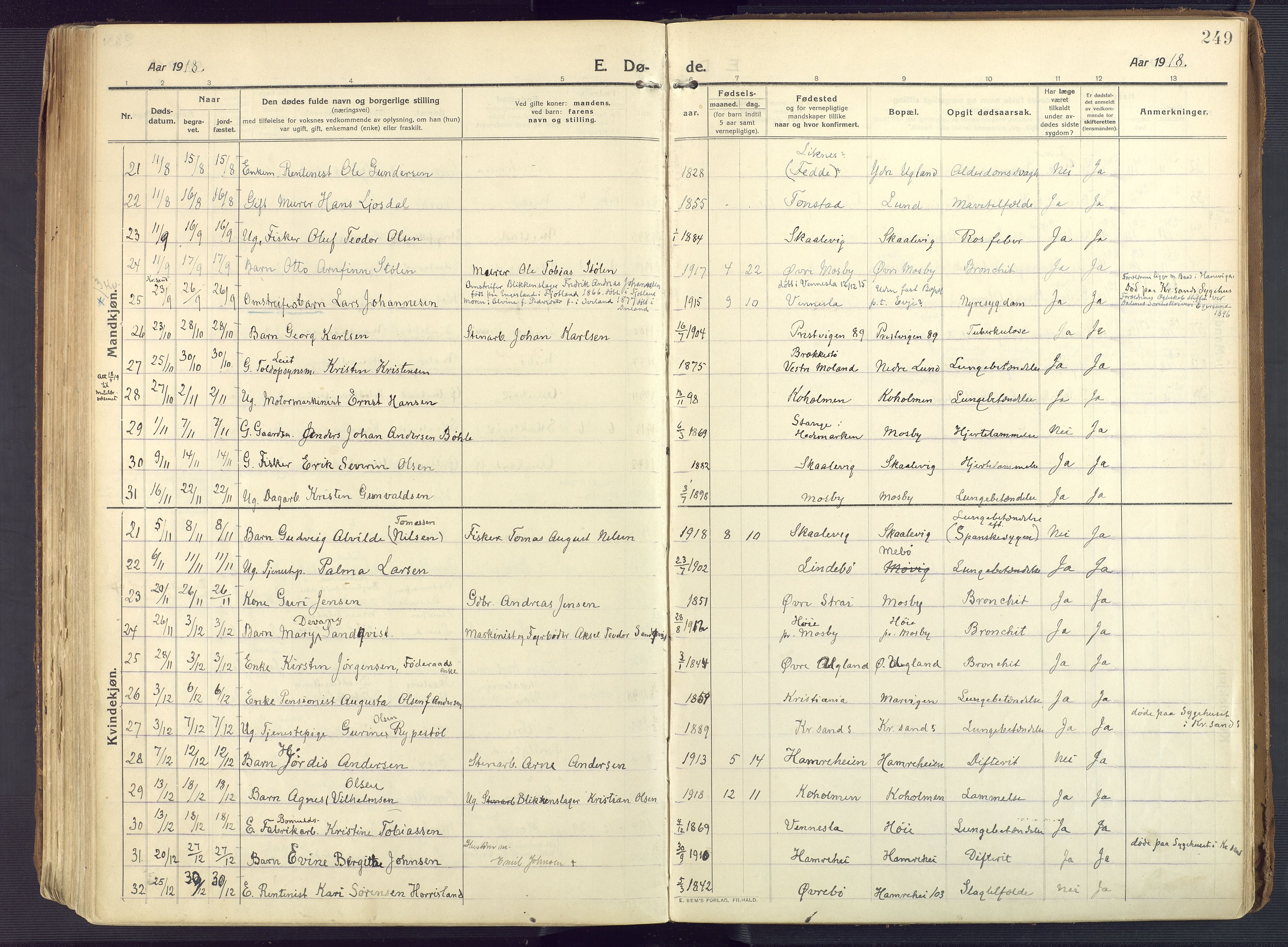 Oddernes sokneprestkontor, AV/SAK-1111-0033/F/Fa/Faa/L0012: Parish register (official) no. A 12, 1912-1925, p. 249