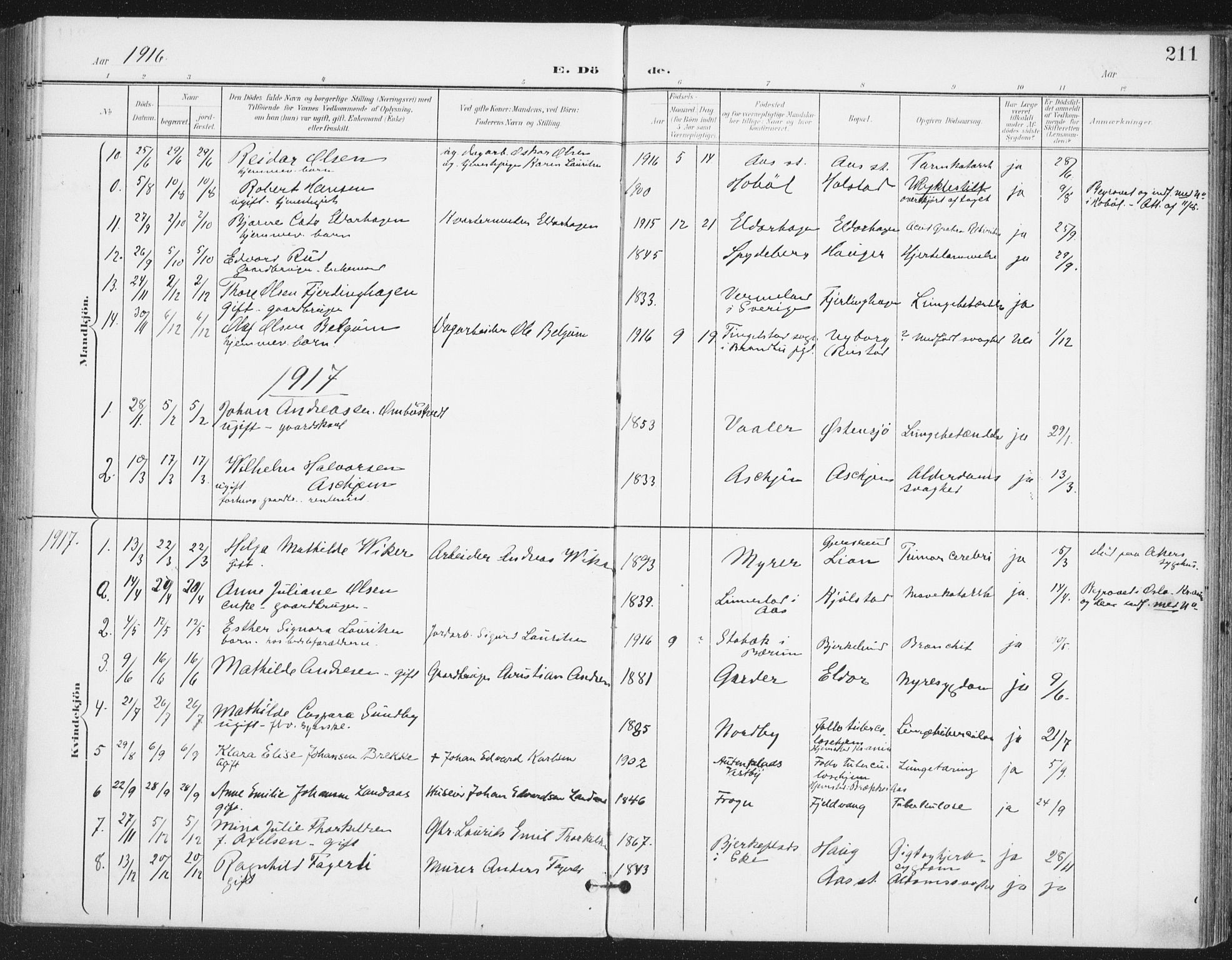Ås prestekontor Kirkebøker, SAO/A-10894/F/Fa/L0010: Parish register (official) no. I 10, 1900-1918, p. 211