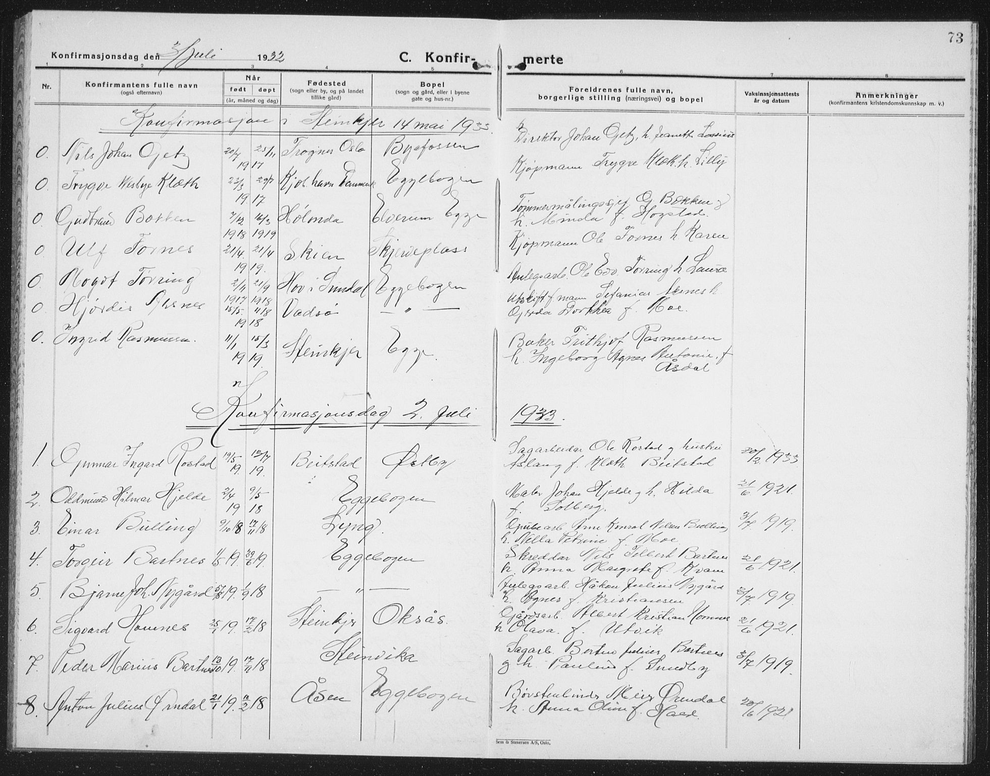 Ministerialprotokoller, klokkerbøker og fødselsregistre - Nord-Trøndelag, AV/SAT-A-1458/740/L0383: Parish register (copy) no. 740C04, 1927-1939, p. 73