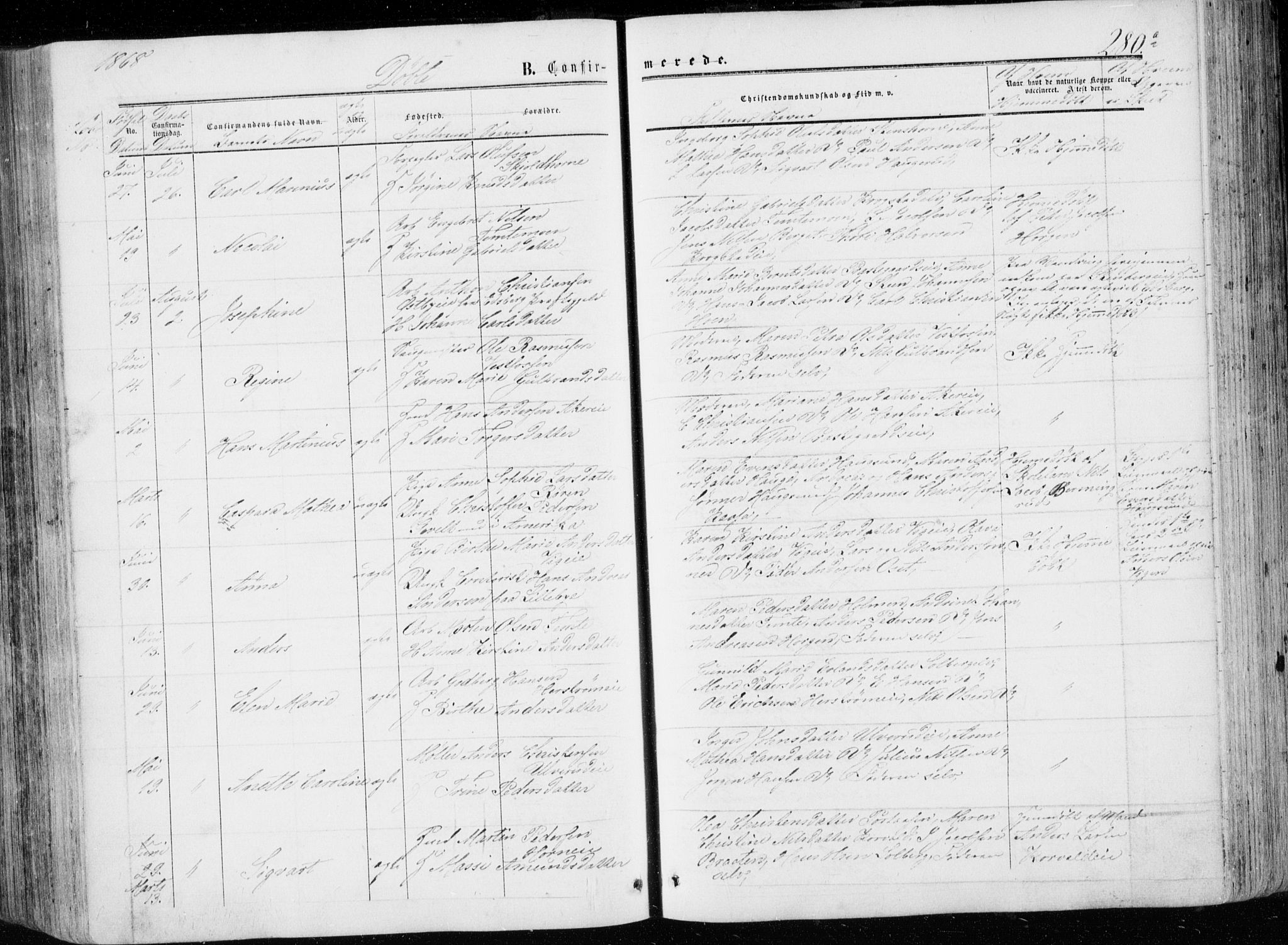 Eiker kirkebøker, AV/SAKO-A-4/G/Ga/L0003: Parish register (copy) no. I 3, 1856-1871, p. 280