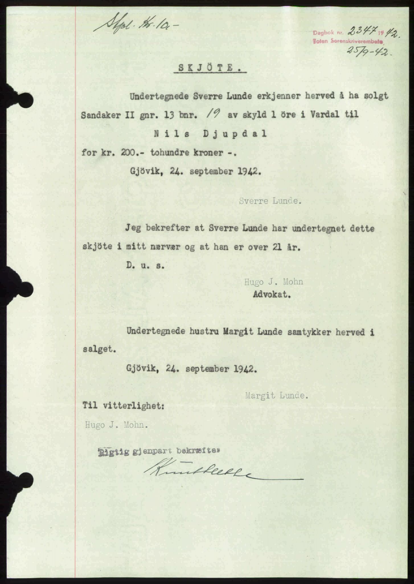 Toten tingrett, AV/SAH-TING-006/H/Hb/Hbc/L0009: Mortgage book no. Hbc-09, 1942-1942, Diary no: : 2347/1942