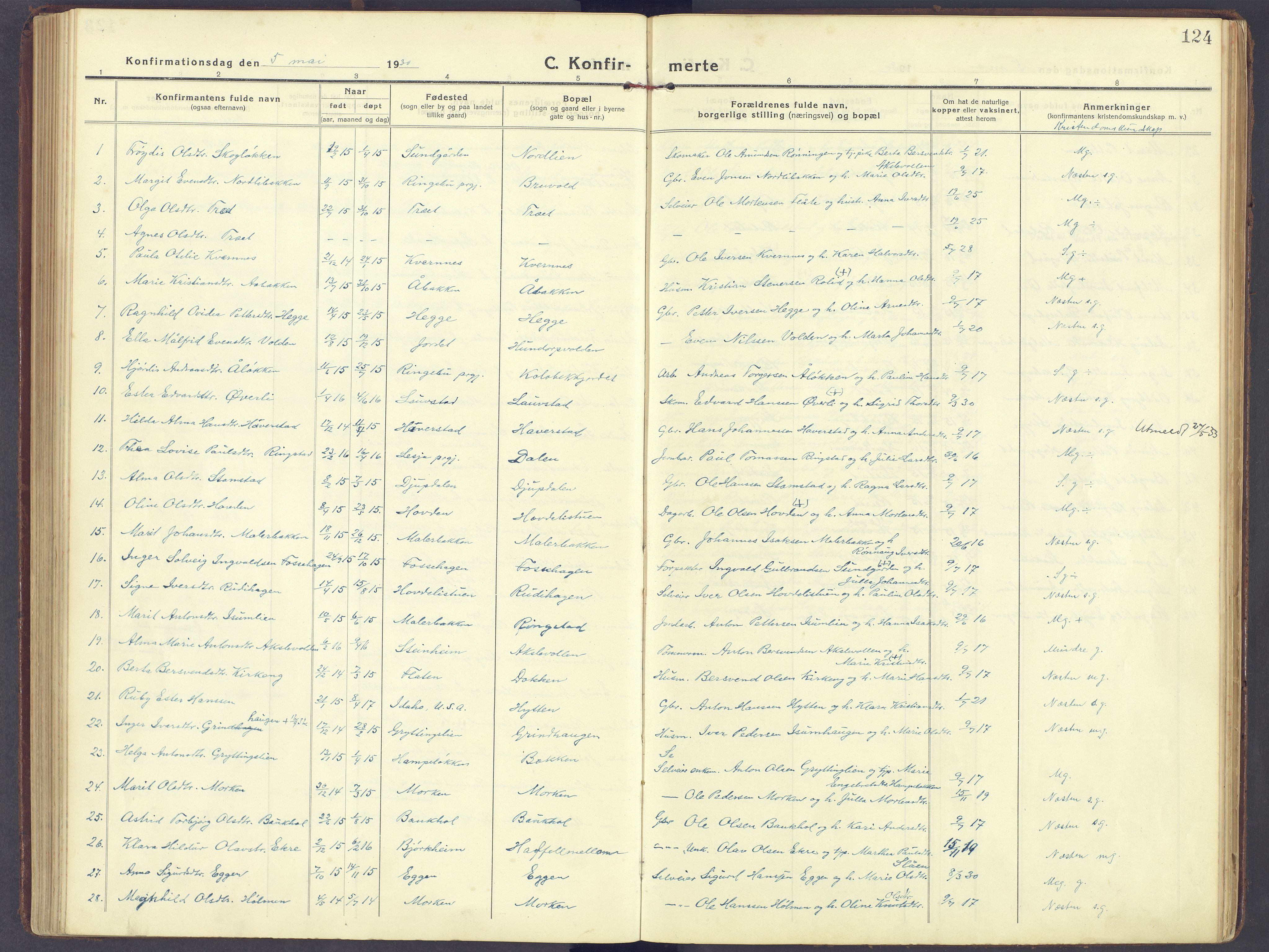 Sør-Fron prestekontor, AV/SAH-PREST-010/H/Ha/Haa/L0005: Parish register (official) no. 5, 1920-1933, p. 124