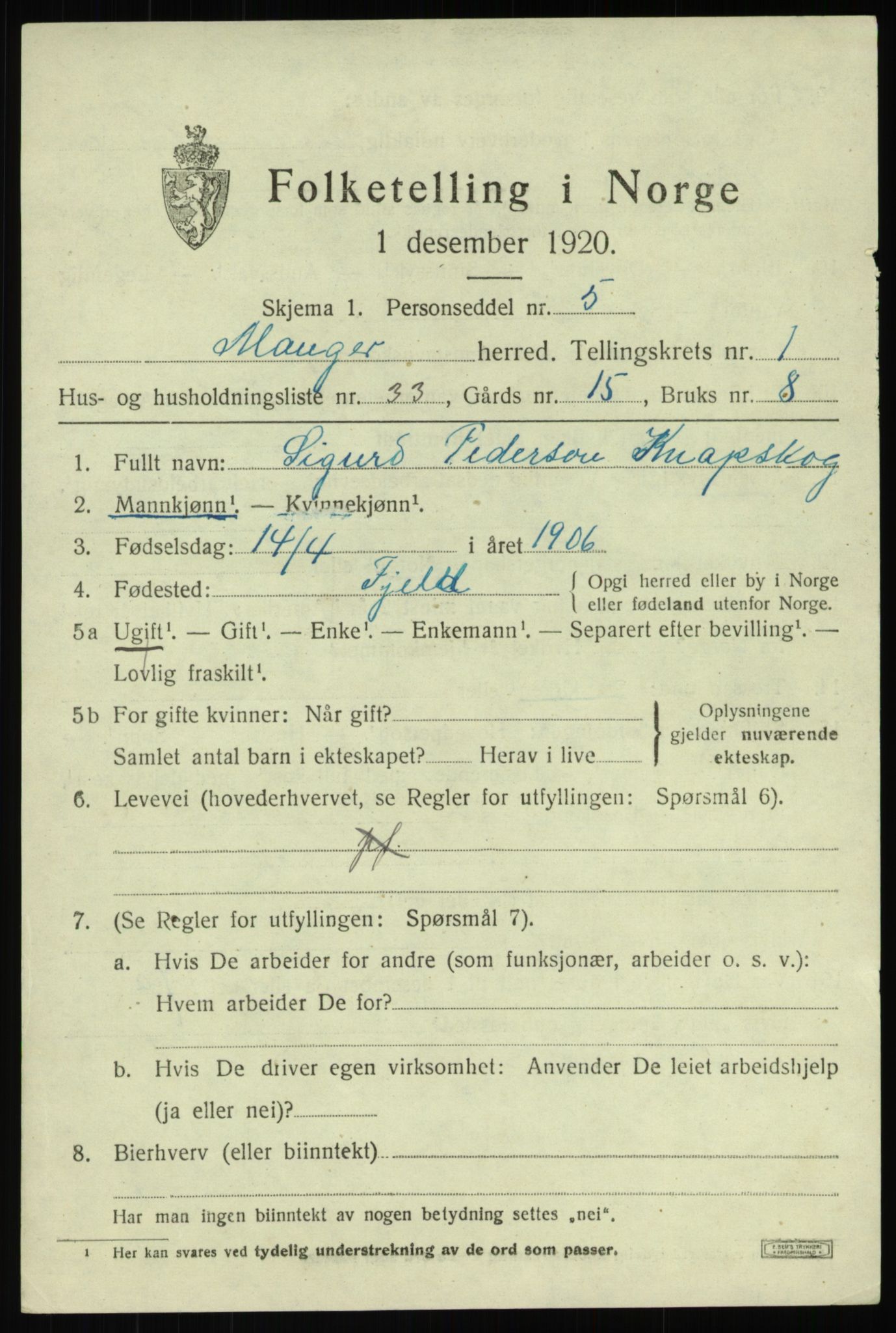 SAB, 1920 census for Manger, 1920, p. 1913