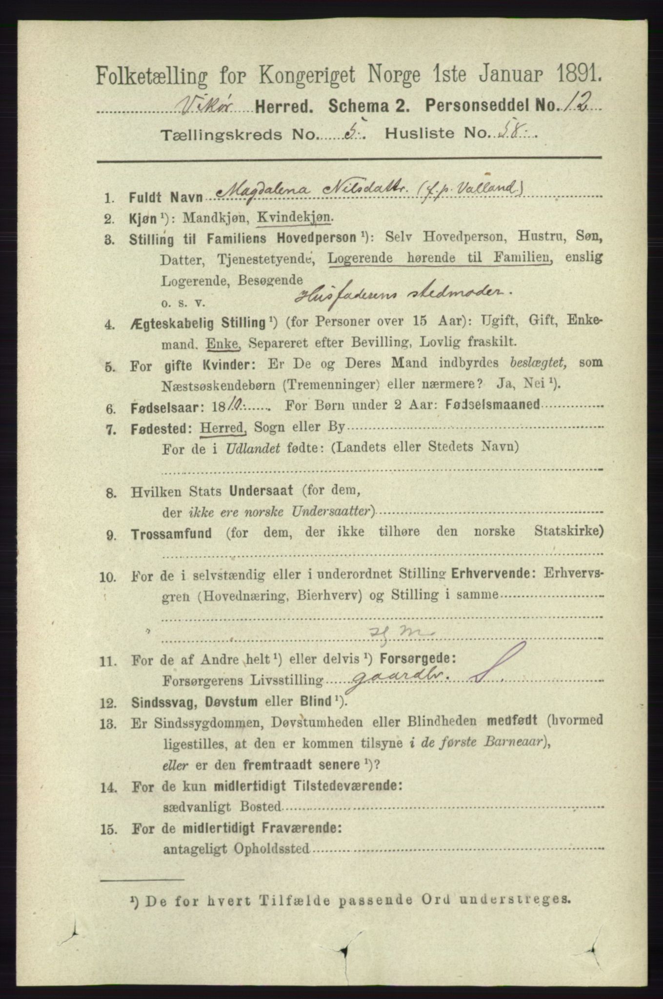 RA, 1891 census for 1238 Vikør, 1891, p. 1737