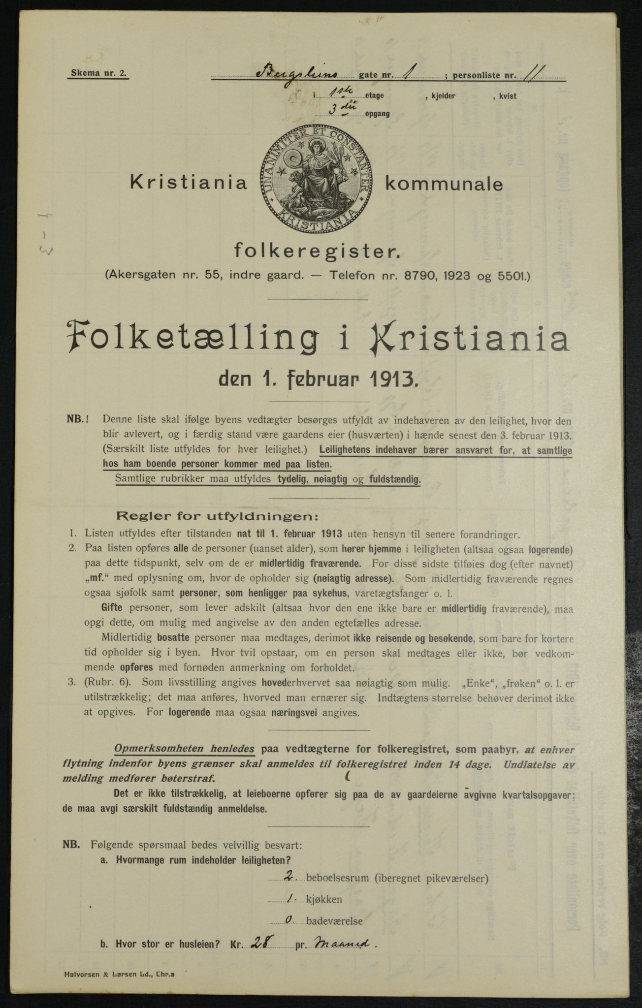 OBA, Municipal Census 1913 for Kristiania, 1913, p. 3864