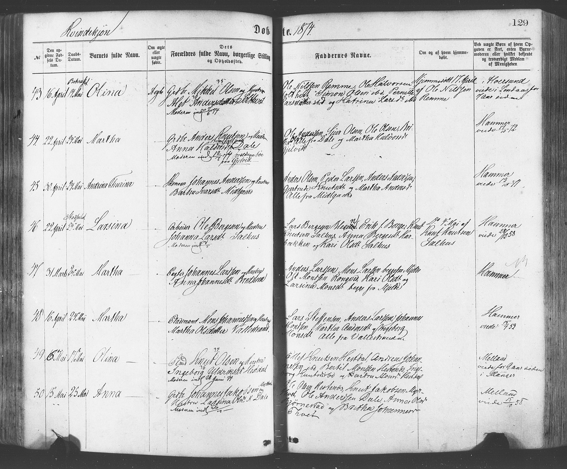 Hamre sokneprestembete, AV/SAB-A-75501/H/Ha/Haa/Haaa/L0015: Parish register (official) no. A 15, 1870-1881, p. 129