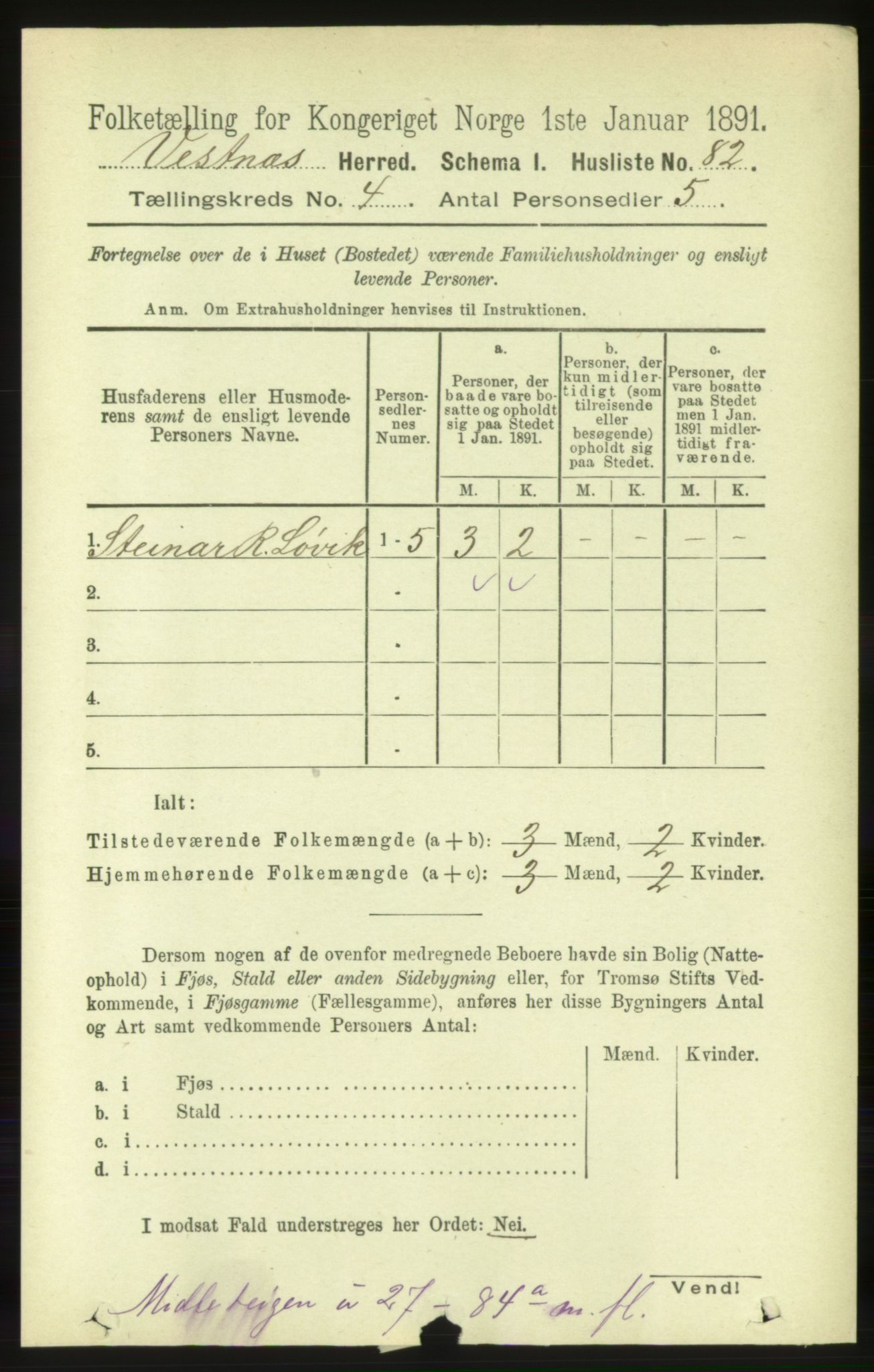 RA, 1891 census for 1535 Vestnes, 1891, p. 1297