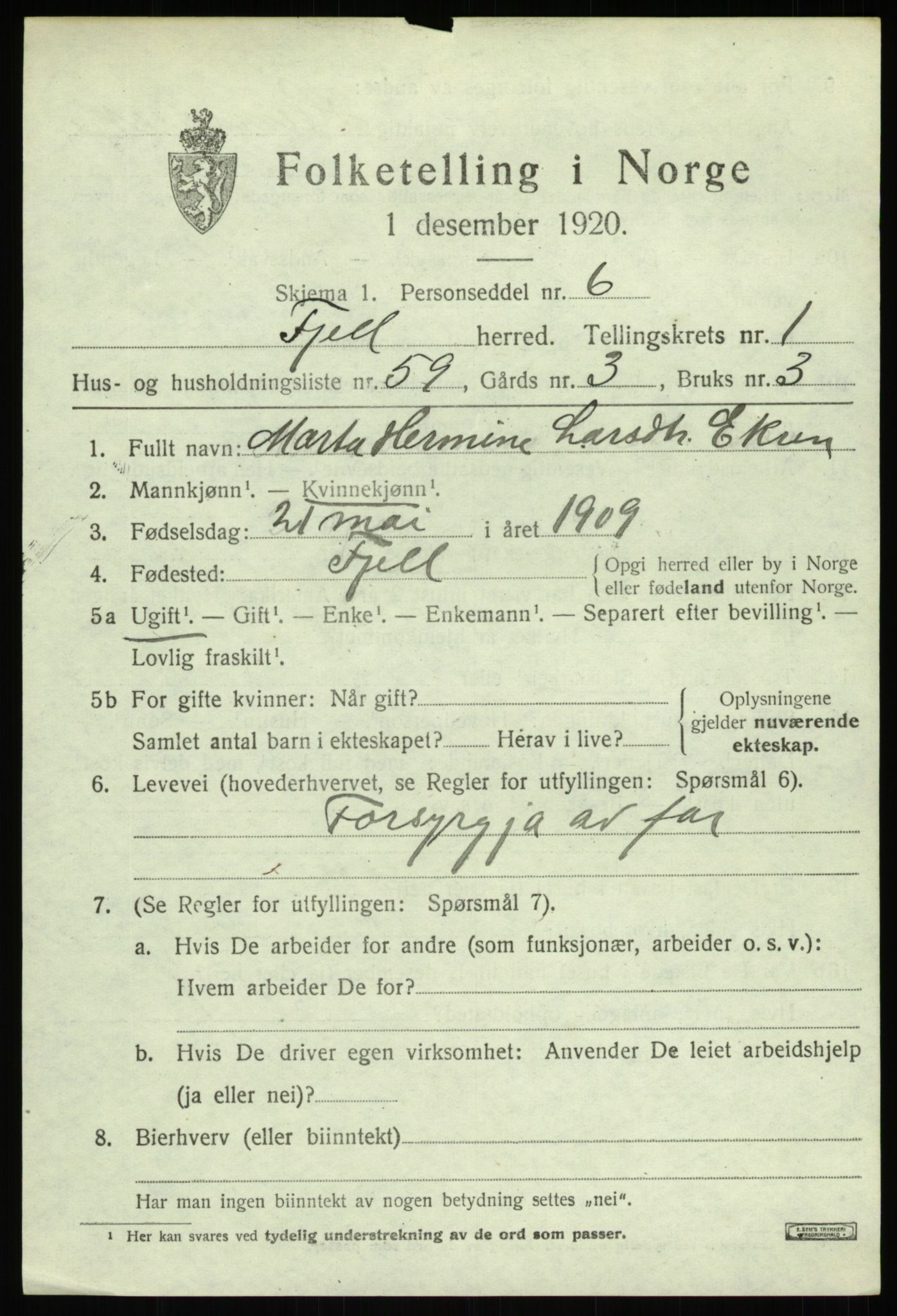 SAB, 1920 census for Fjell, 1920, p. 2244