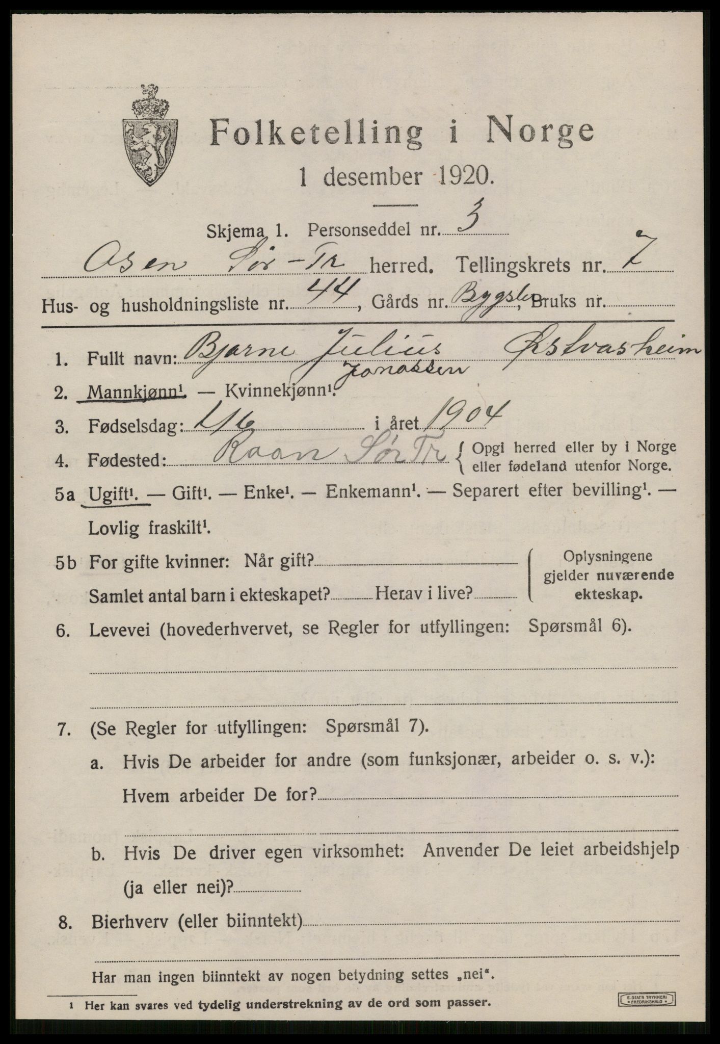 SAT, 1920 census for Osen, 1920, p. 3647