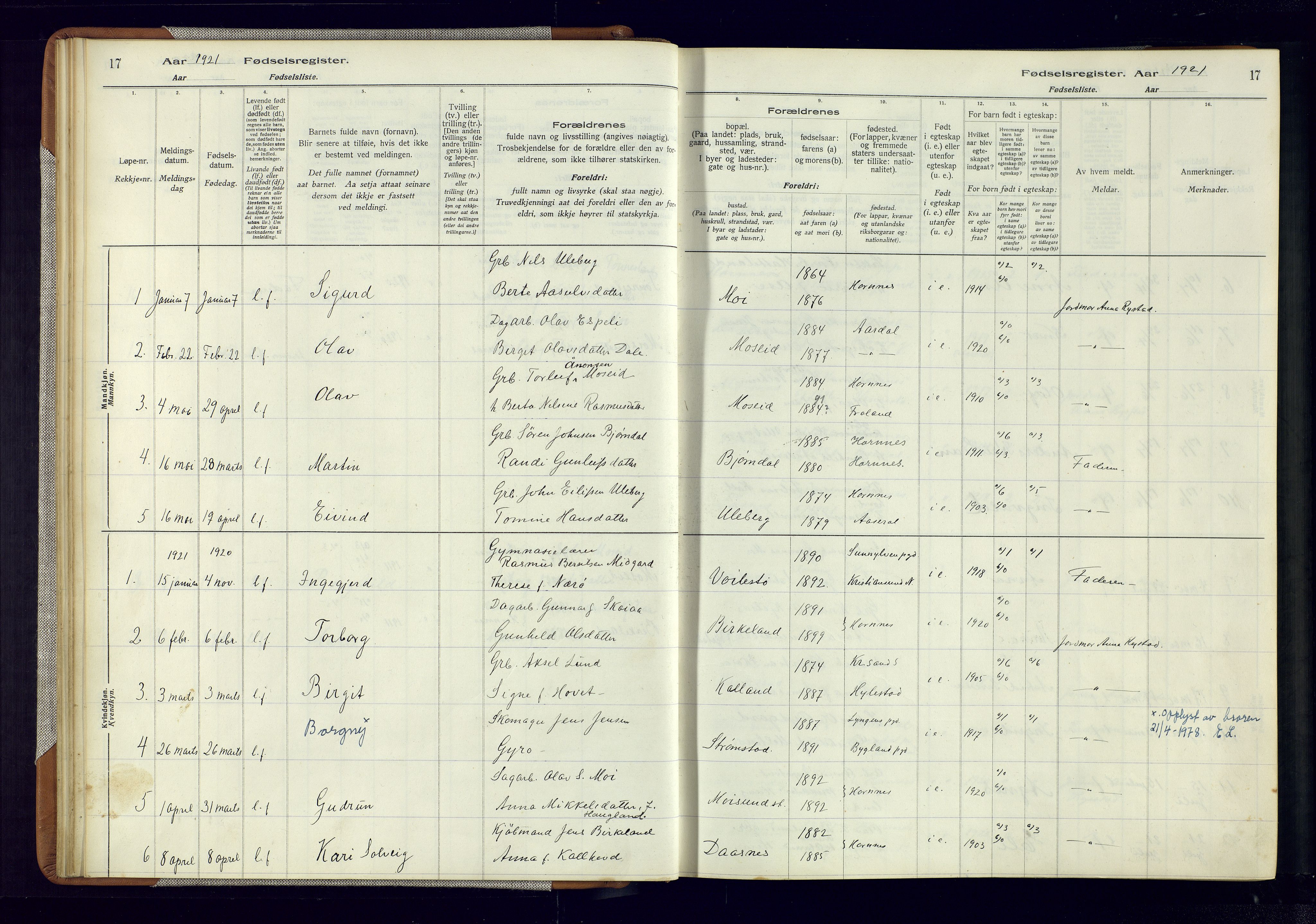 Evje sokneprestkontor, AV/SAK-1111-0008/J/Jc/L0006: Birth register no. 6, 1916-1982, p. 17