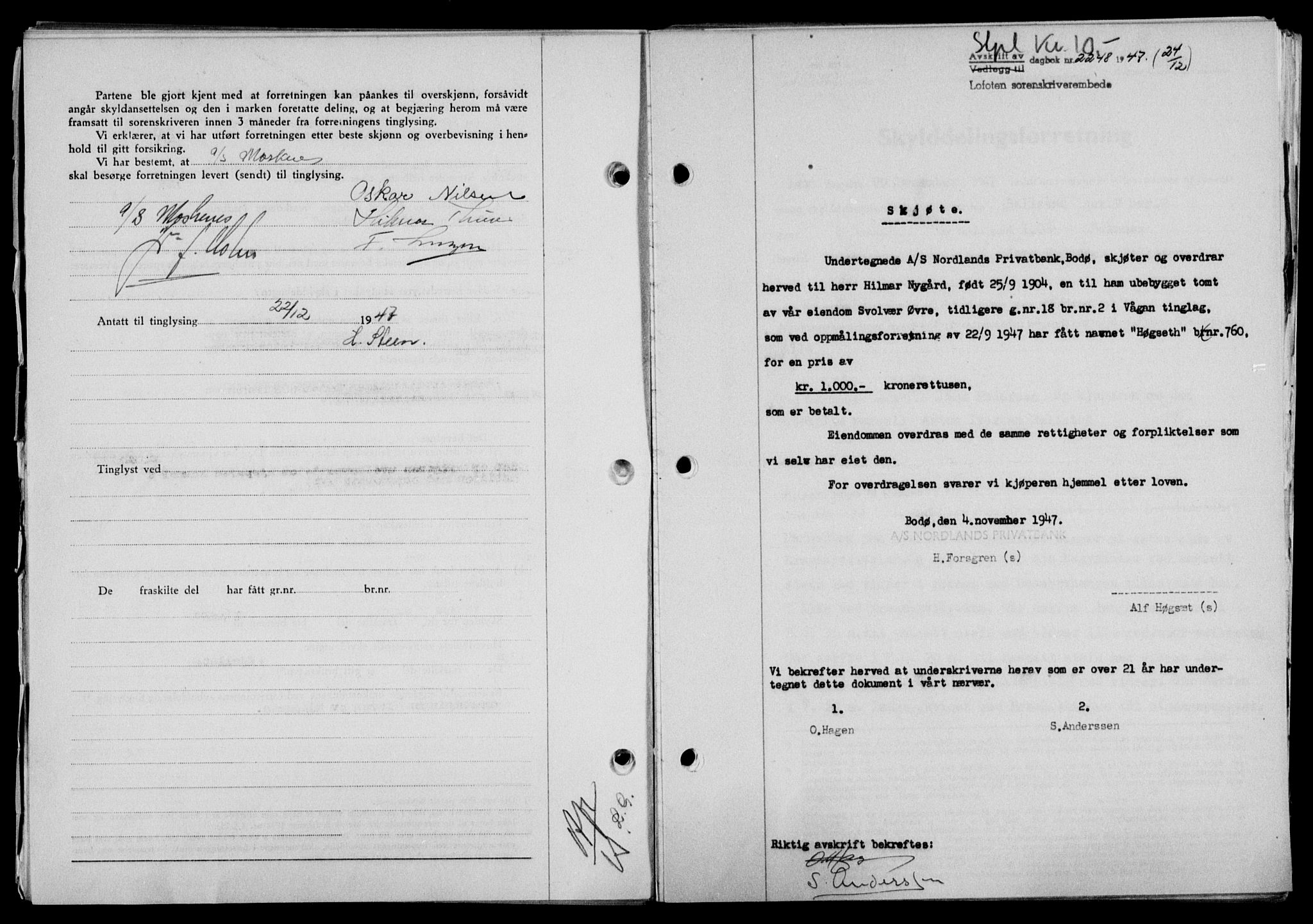 Lofoten sorenskriveri, SAT/A-0017/1/2/2C/L0017a: Mortgage book no. 17a, 1947-1948, Diary no: : 2248/1947