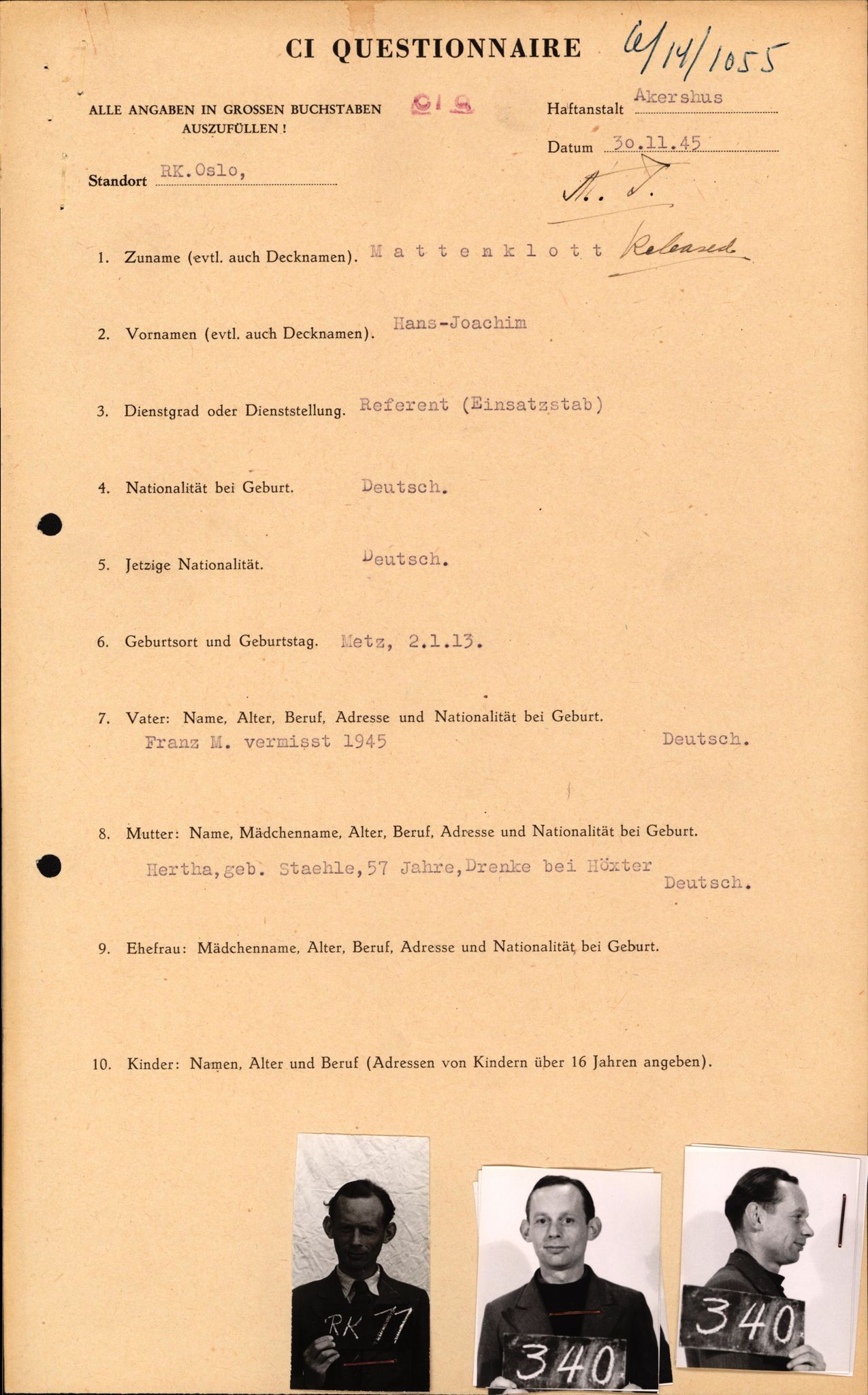 Forsvaret, Forsvarets overkommando II, RA/RAFA-3915/D/Db/L0021: CI Questionaires. Tyske okkupasjonsstyrker i Norge. Tyskere., 1945-1946, p. 198