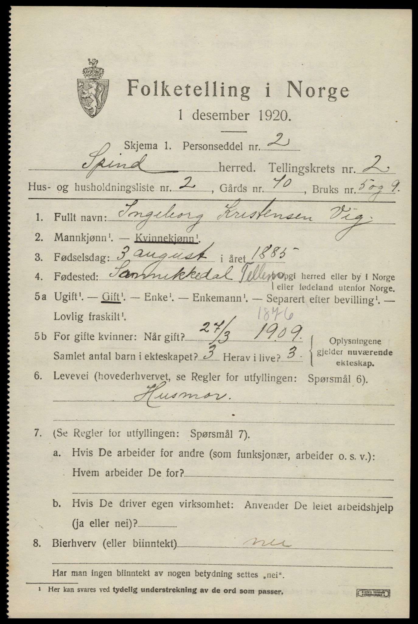 SAK, 1920 census for Spind, 1920, p. 1139