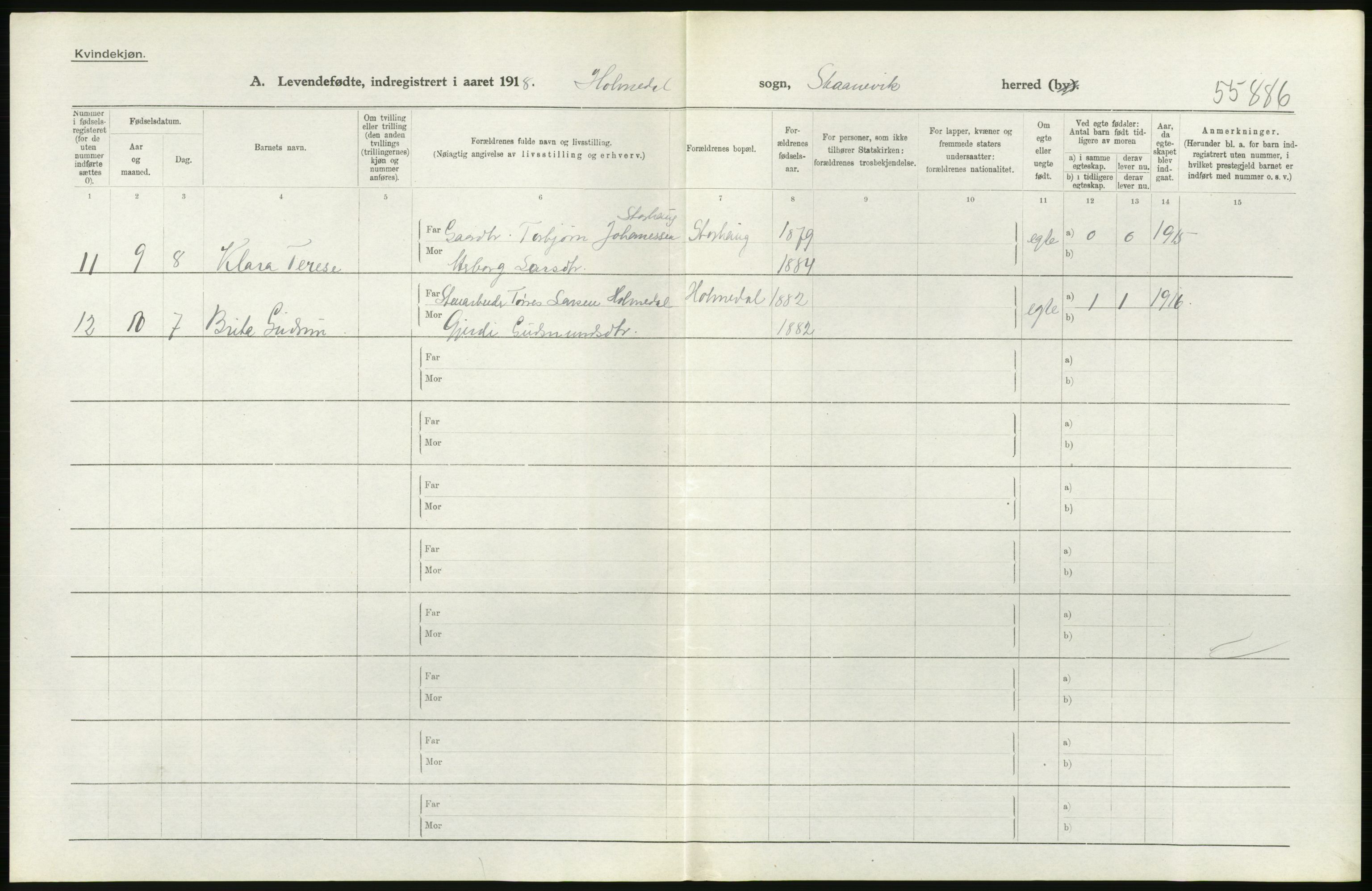 Statistisk sentralbyrå, Sosiodemografiske emner, Befolkning, RA/S-2228/D/Df/Dfb/Dfbh/L0034: Hordaland fylke: Levendefødte menn og kvinner. Bygder., 1918, p. 352