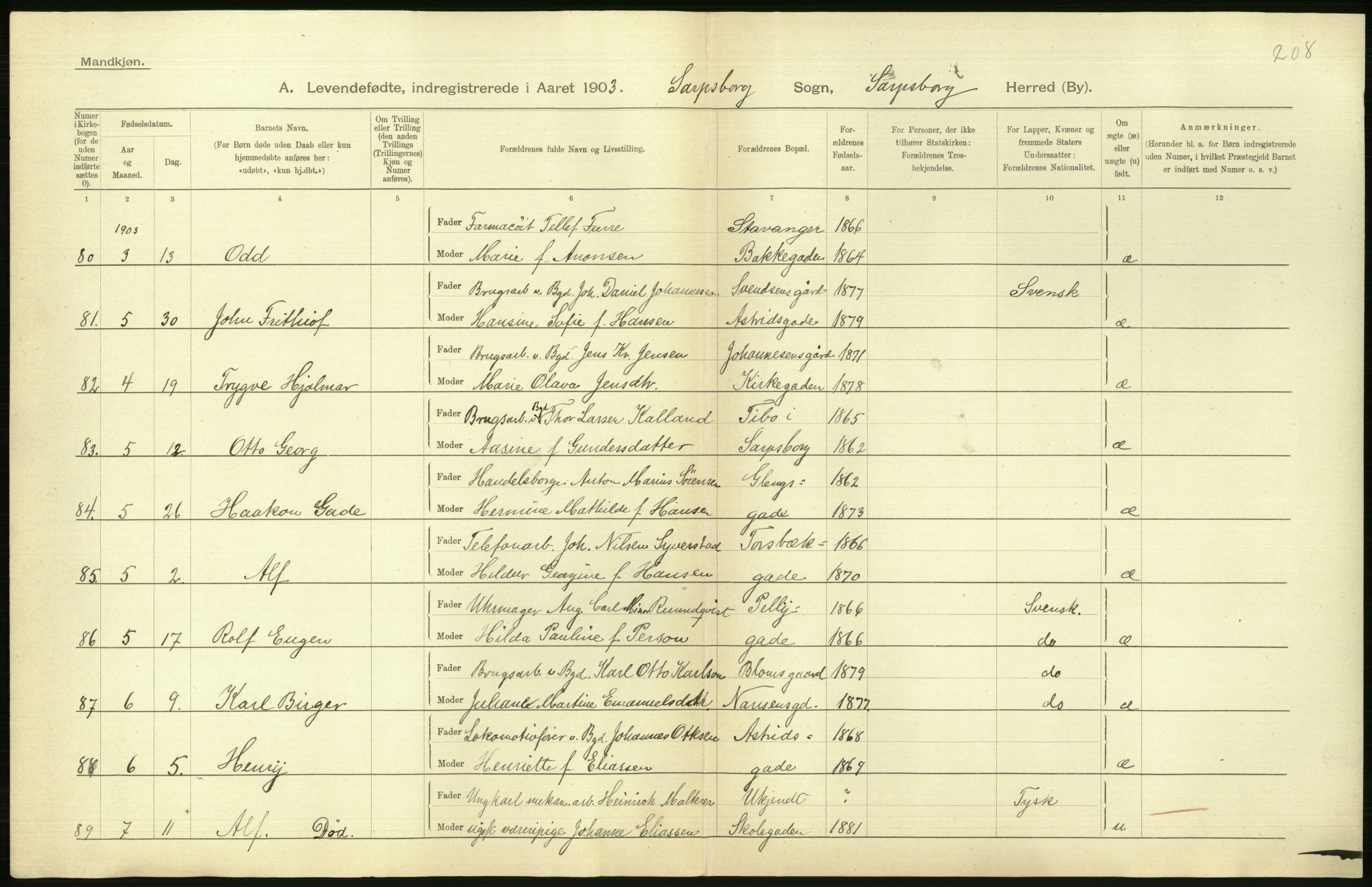 Statistisk sentralbyrå, Sosiodemografiske emner, Befolkning, AV/RA-S-2228/D/Df/Dfa/Dfaa/L0001: Smålenenes amt: Fødte, gifte, døde, 1903, p. 370