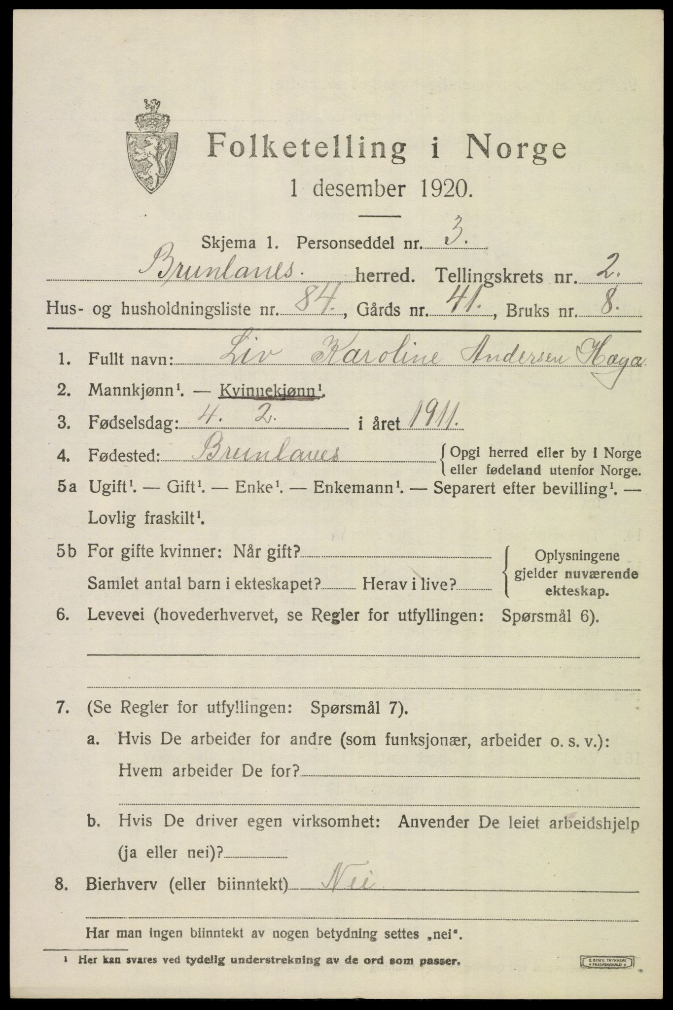 SAKO, 1920 census for Brunlanes, 1920, p. 4447