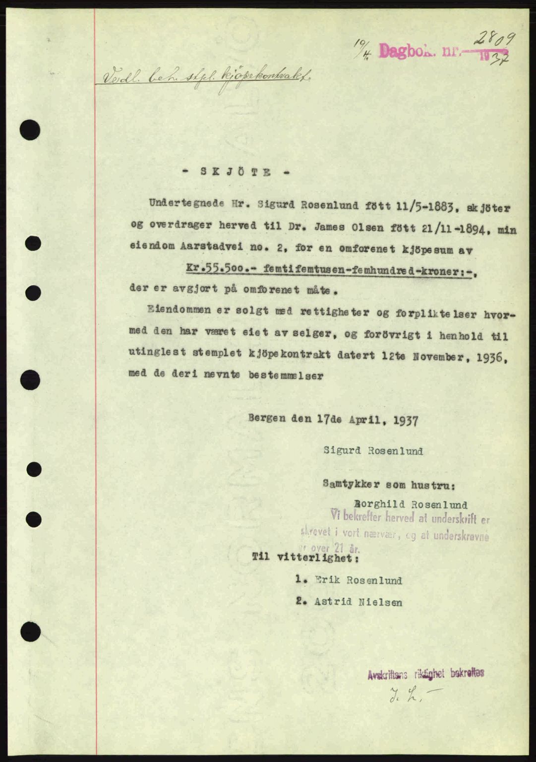 Byfogd og Byskriver i Bergen, SAB/A-3401/03/03Bc/L0004: Mortgage book no. A3-4, 1936-1937, Diary no: : 2809/1937
