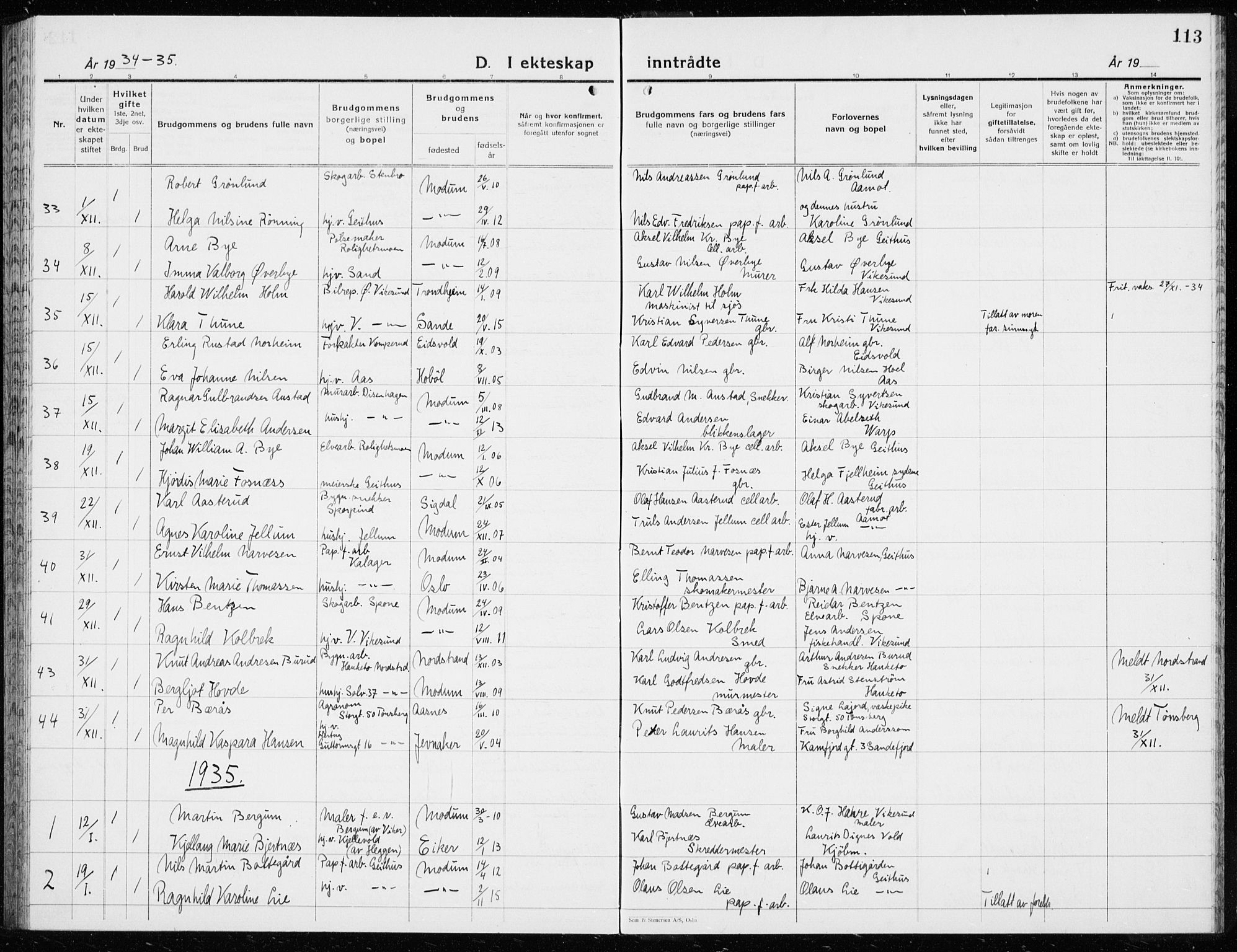 Modum kirkebøker, AV/SAKO-A-234/G/Ga/L0013: Parish register (copy) no. I 13, 1925-1938, p. 113