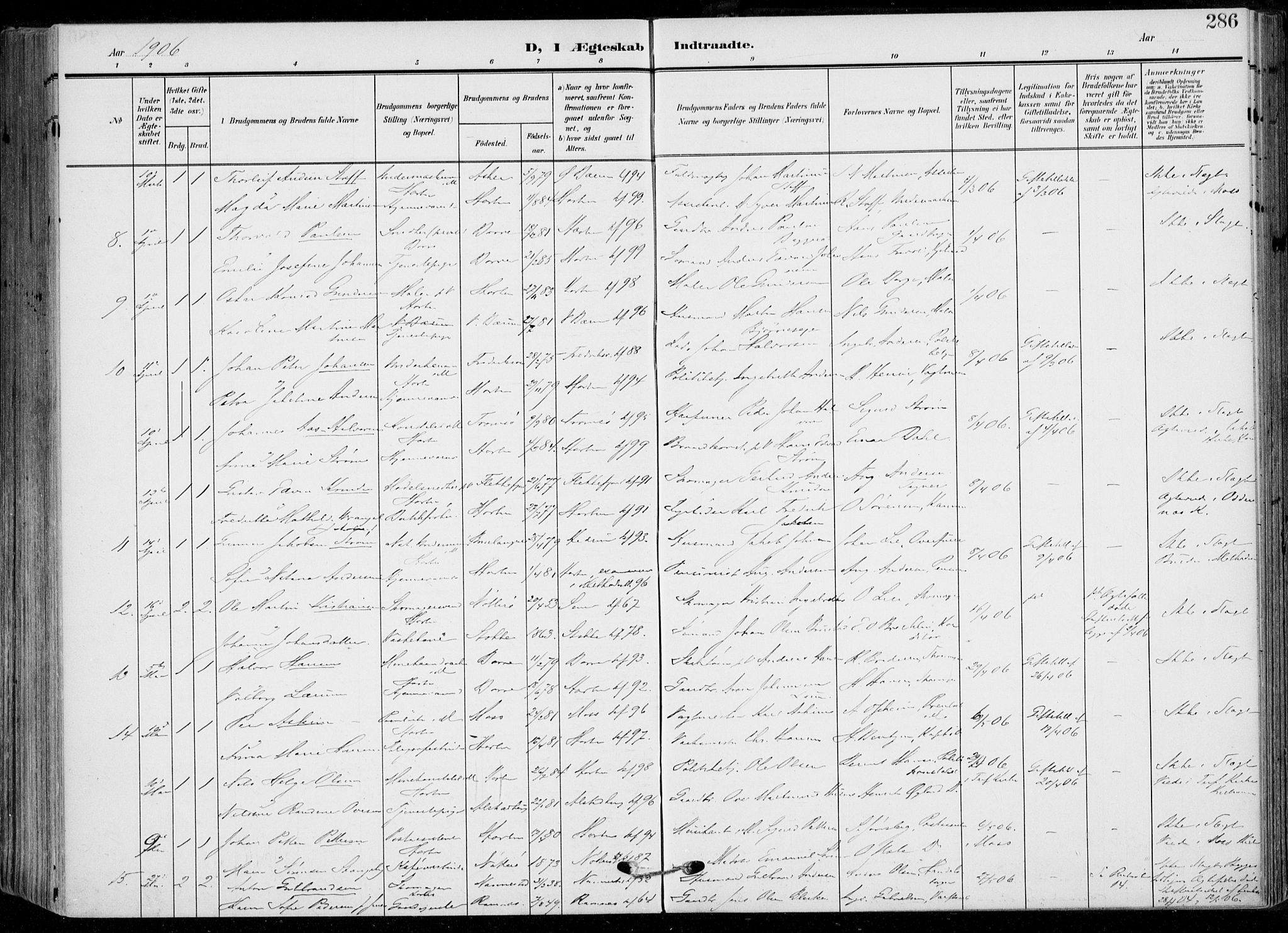 Horten kirkebøker, AV/SAKO-A-348/F/Fa/L0006: Parish register (official) no. 6, 1905-1912, p. 286