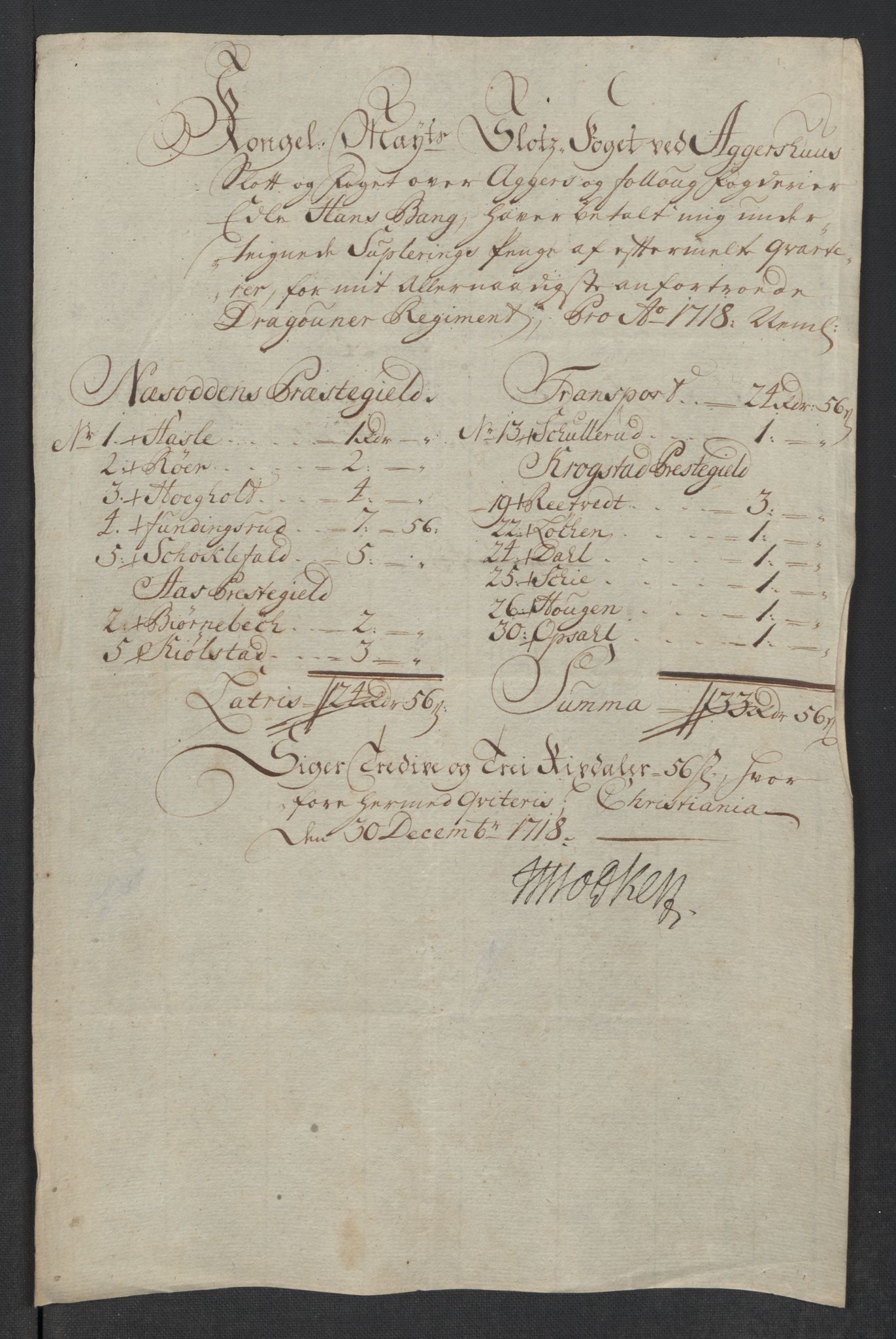 Rentekammeret inntil 1814, Reviderte regnskaper, Fogderegnskap, RA/EA-4092/R10/L0456: Fogderegnskap Aker og Follo, 1718, p. 307