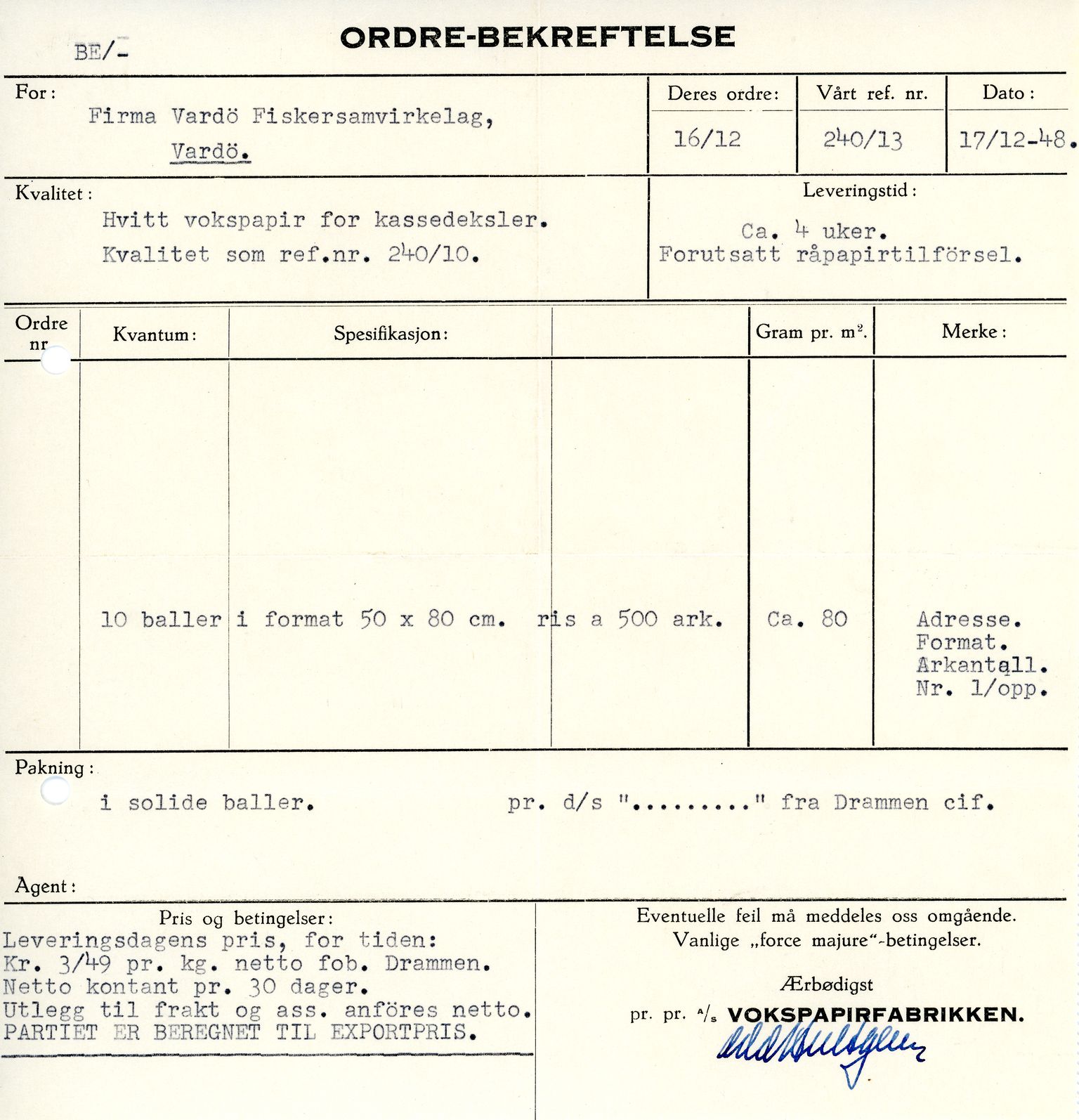 Vardø Fiskersamvirkelag, VAMU/A-0037/D/Da/L0003: Korrespondanse Fi-Kj, 1947-1950