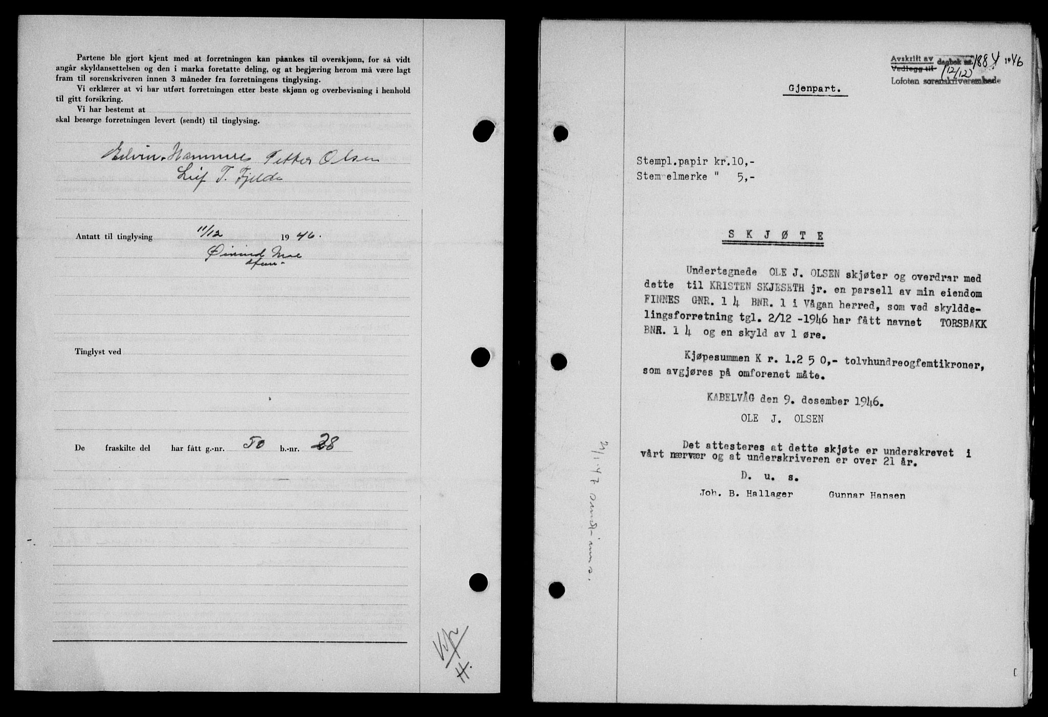 Lofoten sorenskriveri, SAT/A-0017/1/2/2C/L0015a: Mortgage book no. 15a, 1946-1947, Diary no: : 1884/1946