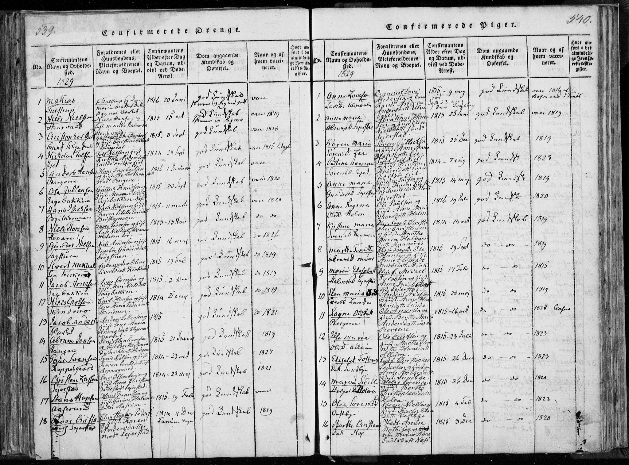 Hedrum kirkebøker, AV/SAKO-A-344/F/Fa/L0004: Parish register (official) no. I 4, 1817-1835, p. 539-540