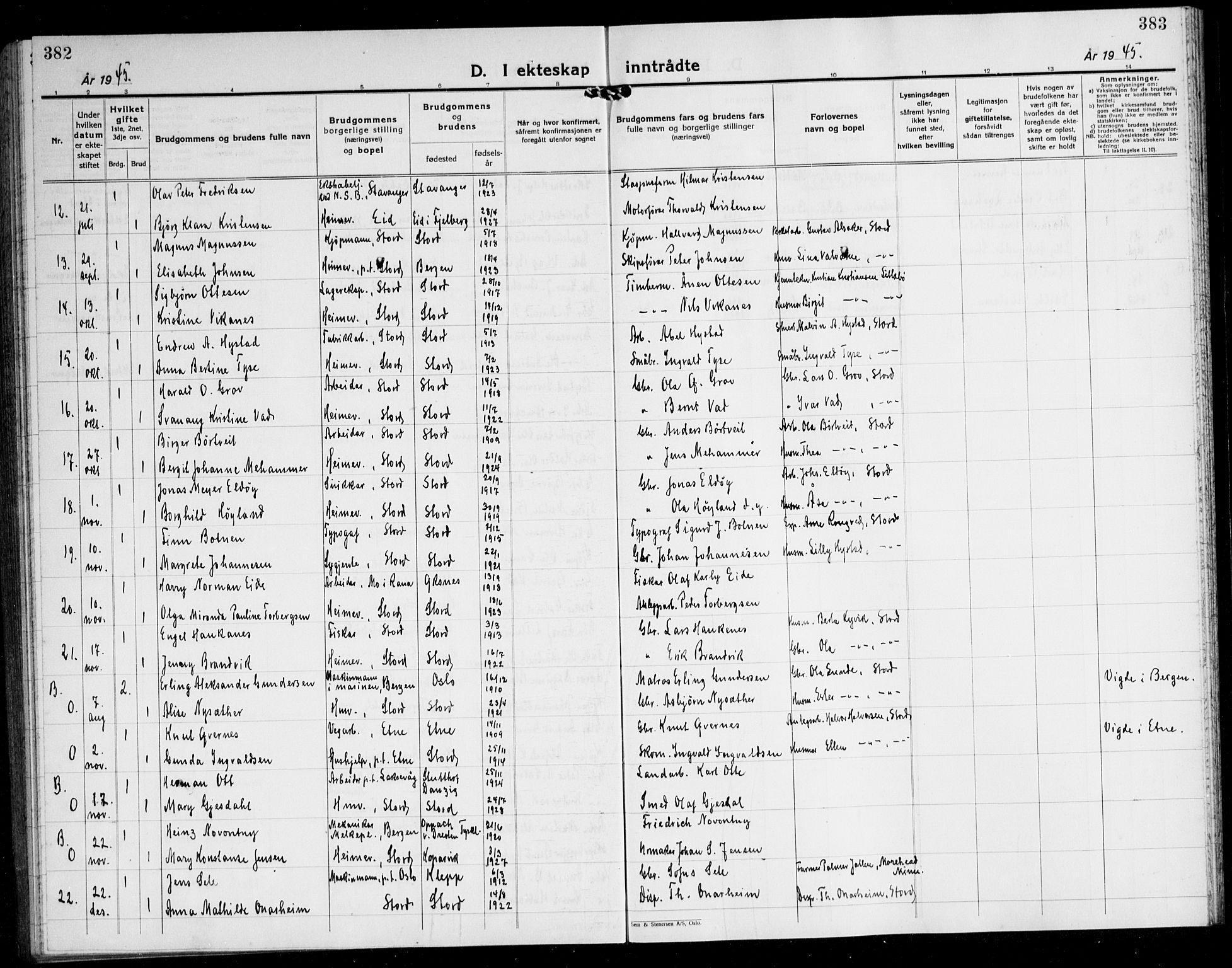 Stord sokneprestembete, AV/SAB-A-78201/H/Hab: Parish register (copy) no. A 5, 1933-1945, p. 382-383