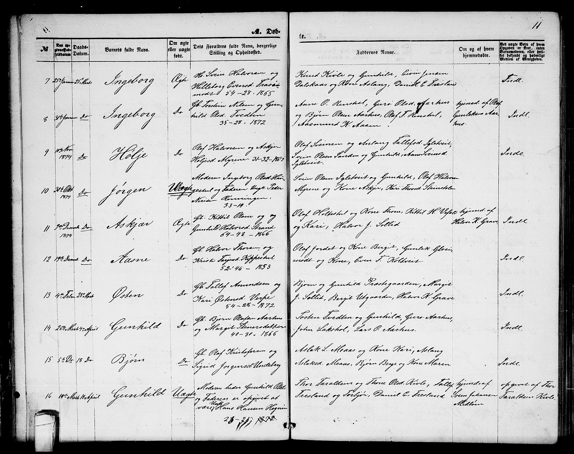 Seljord kirkebøker, SAKO/A-20/G/Ga/L0004: Parish register (copy) no. I 4, 1873-1886, p. 11