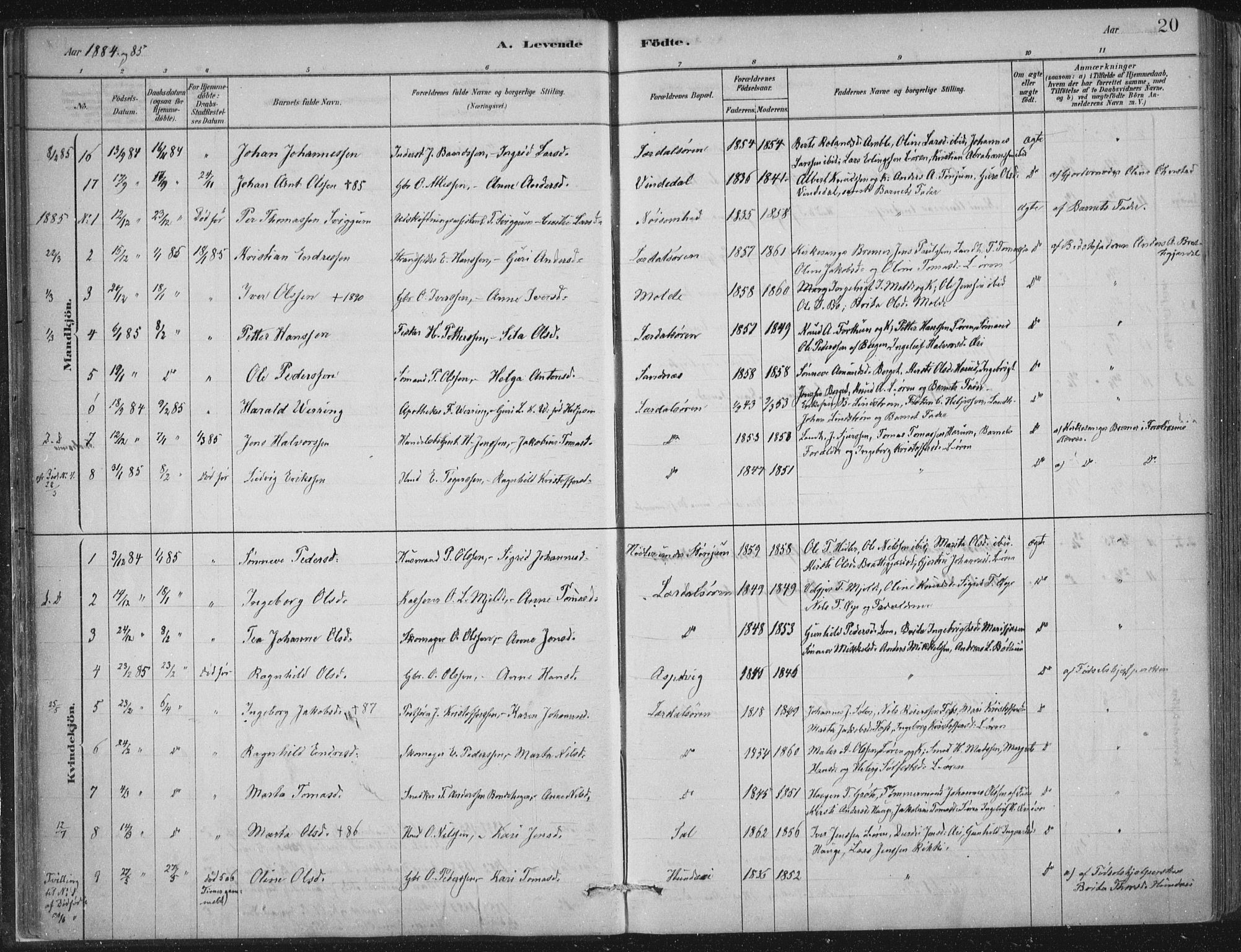 Lærdal sokneprestembete, SAB/A-81201: Parish register (official) no. D  1, 1878-1908, p. 20