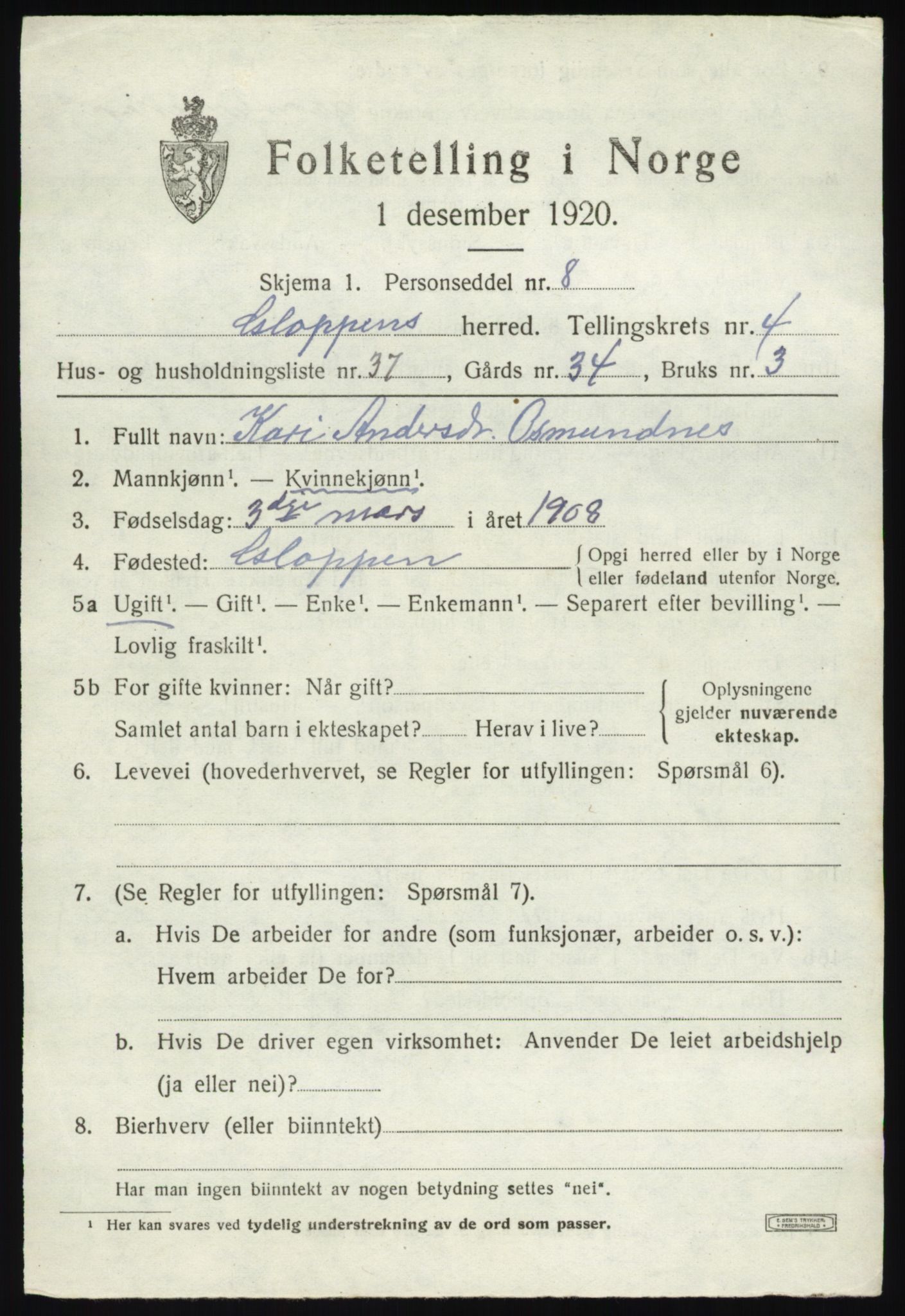 SAB, 1920 census for Gloppen, 1920, p. 3326