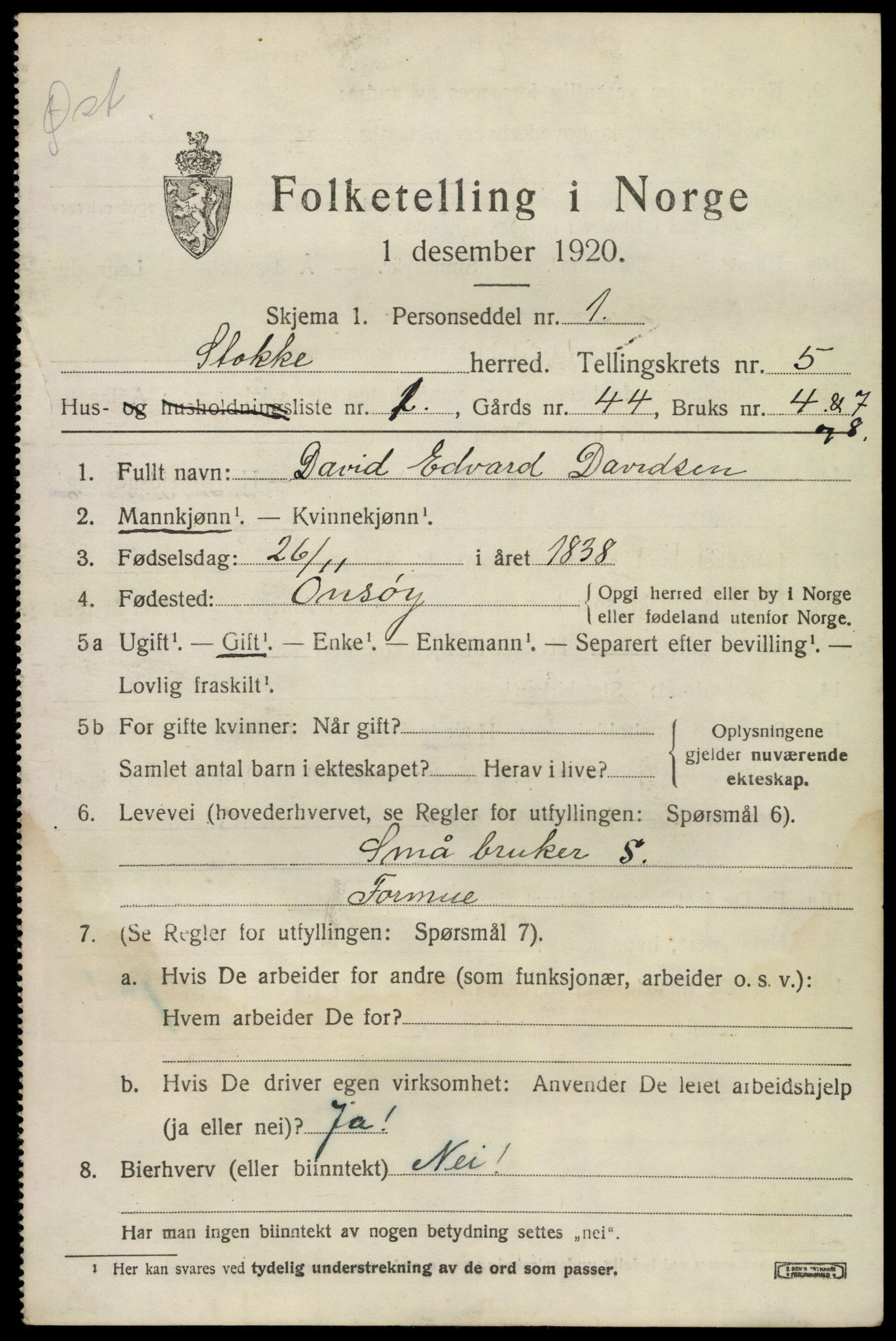 SAKO, 1920 census for Stokke, 1920, p. 6728