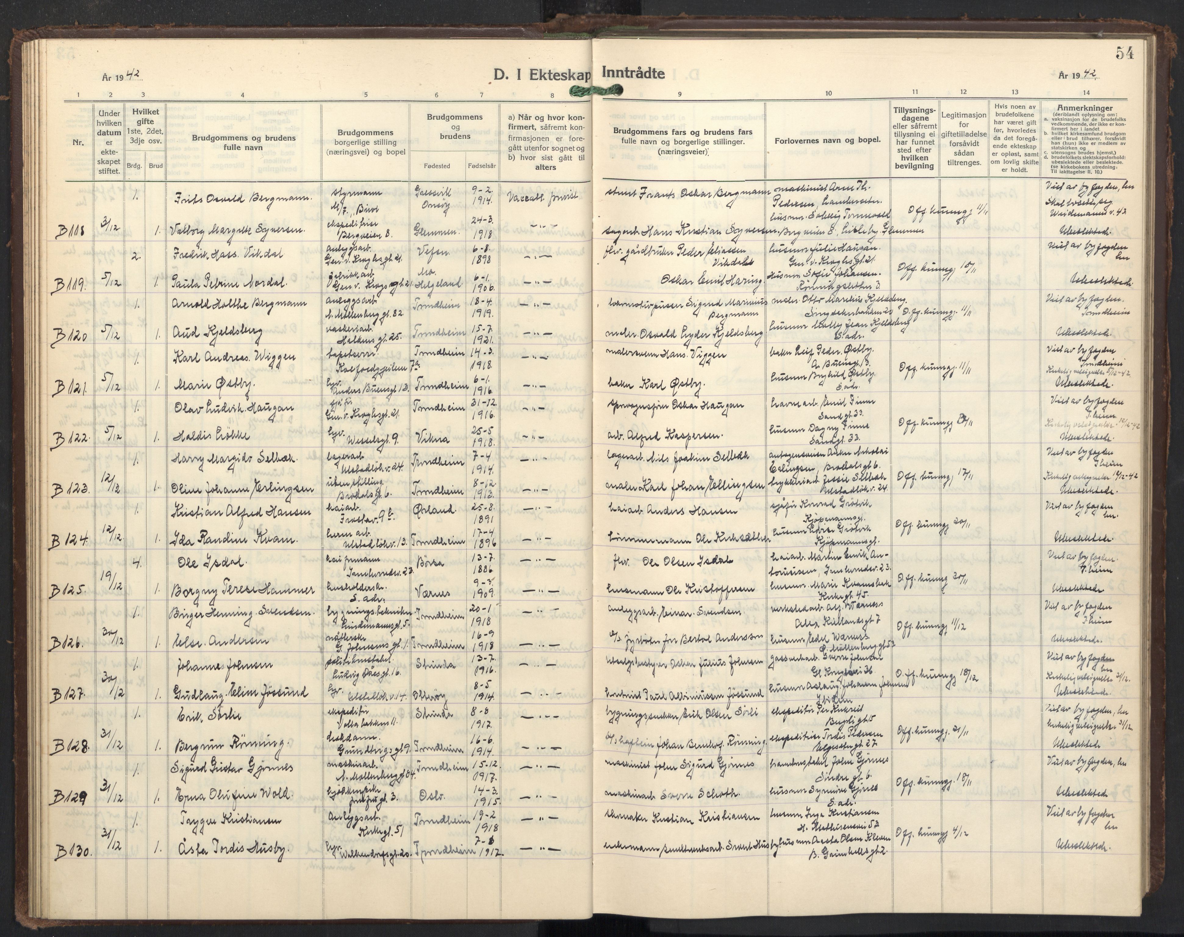 Ministerialprotokoller, klokkerbøker og fødselsregistre - Sør-Trøndelag, SAT/A-1456/605/L0263: Parish register (copy) no. 605C10, 1938-1949, p. 54