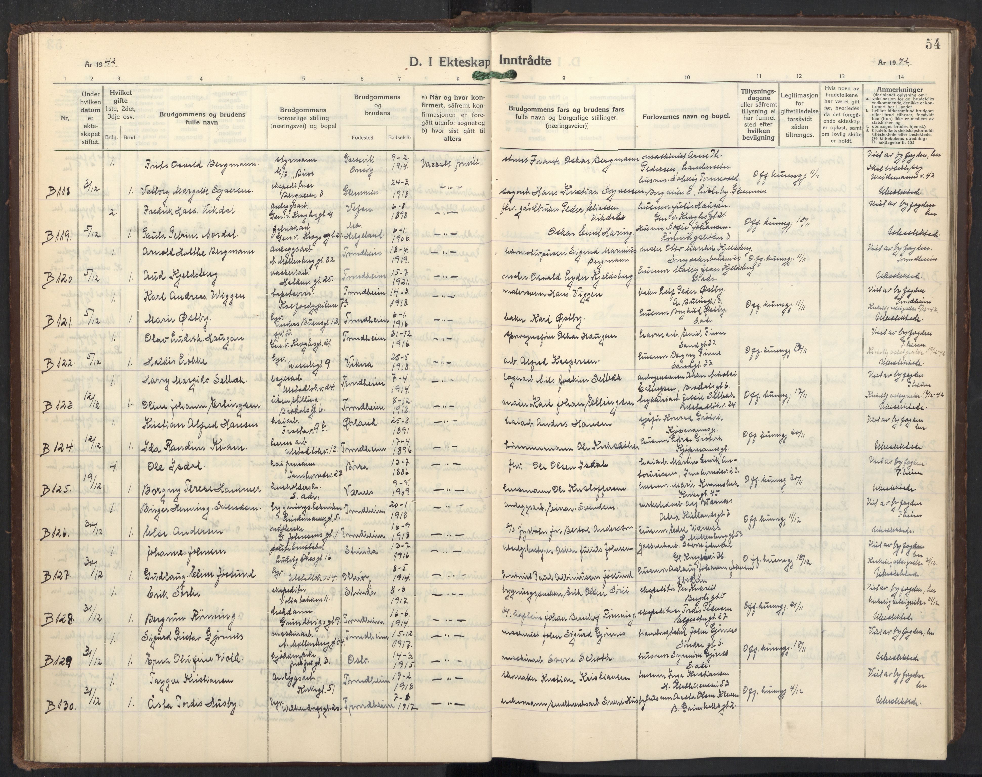 Ministerialprotokoller, klokkerbøker og fødselsregistre - Sør-Trøndelag, AV/SAT-A-1456/605/L0263: Parish register (copy) no. 605C10, 1938-1949, p. 54