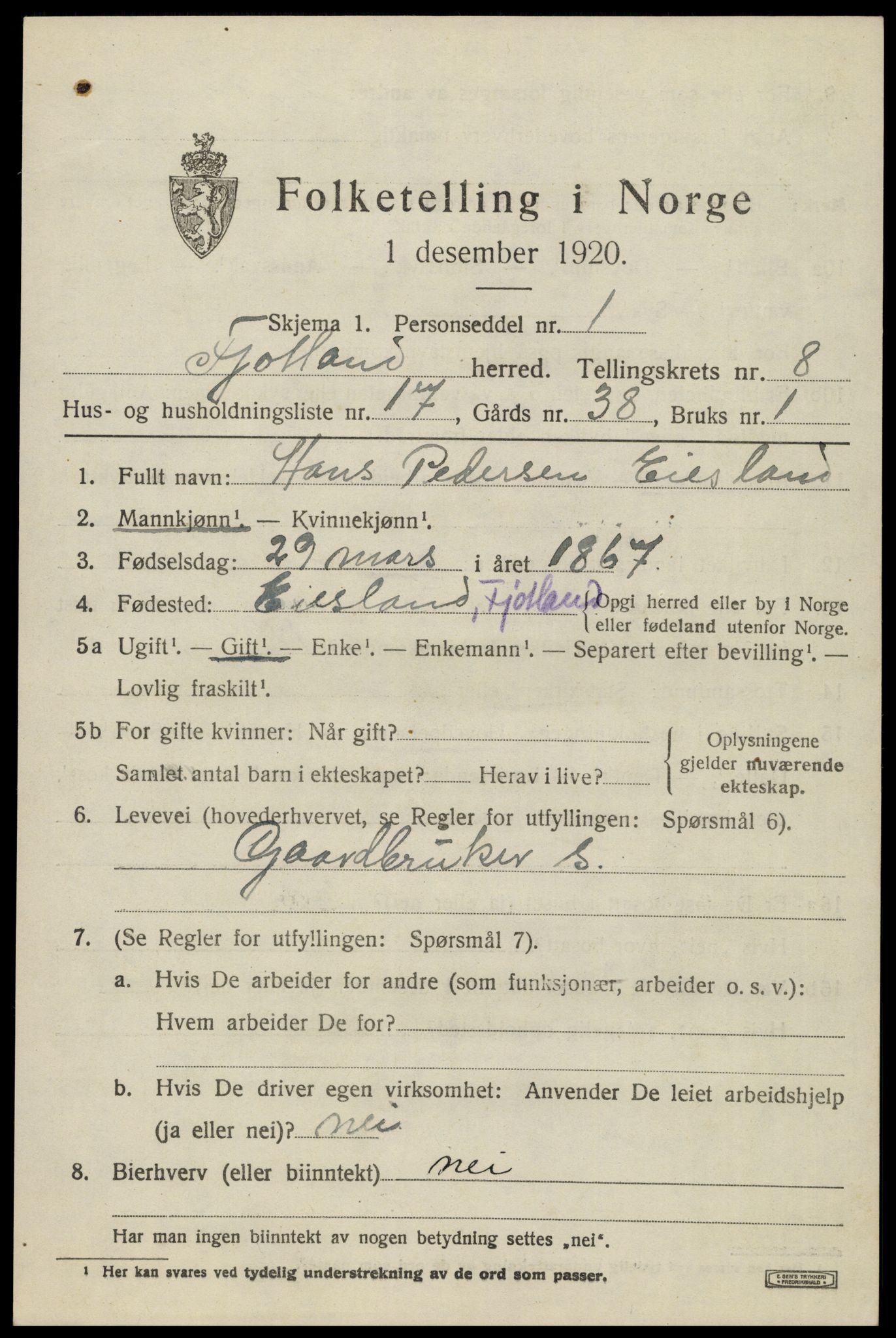 SAK, 1920 census for Fjotland, 1920, p. 2174