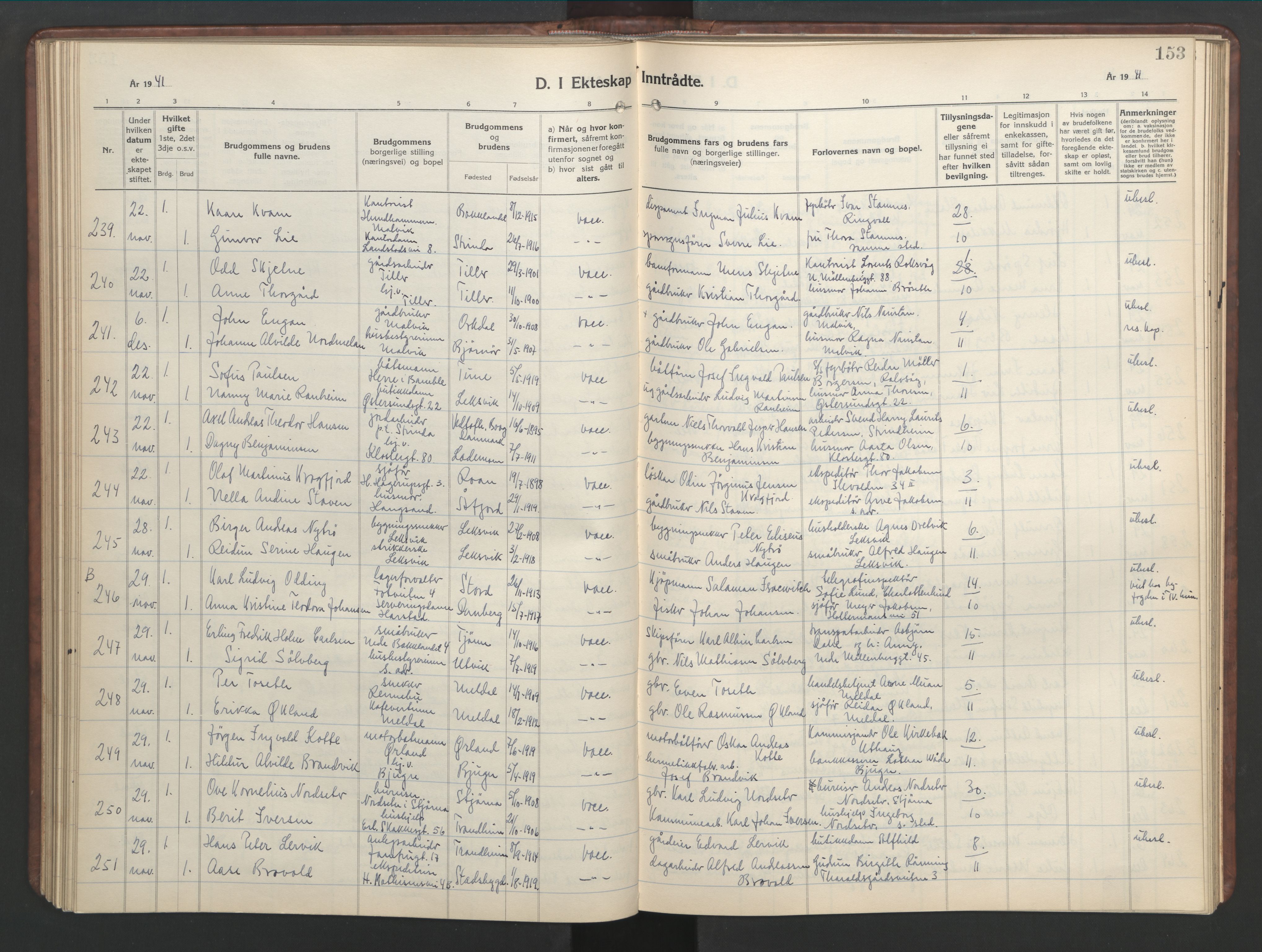 Ministerialprotokoller, klokkerbøker og fødselsregistre - Sør-Trøndelag, SAT/A-1456/601/L0101: Parish register (copy) no. 601C19, 1935-1946, p. 153