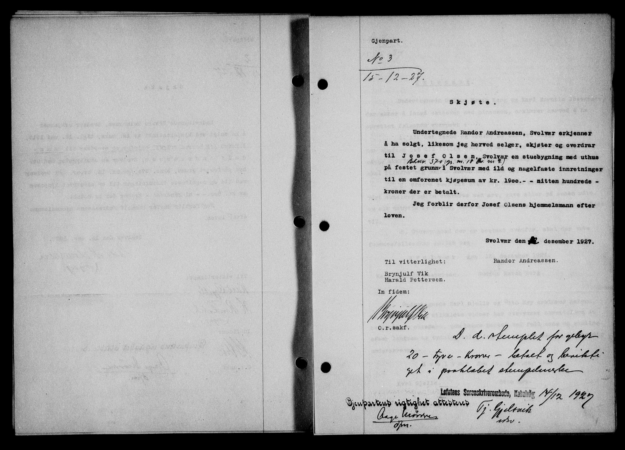 Lofoten sorenskriveri, SAT/A-0017/1/2/2C/L0016b: Mortgage book no. 16b, 1927-1927, Deed date: 15.12.1927