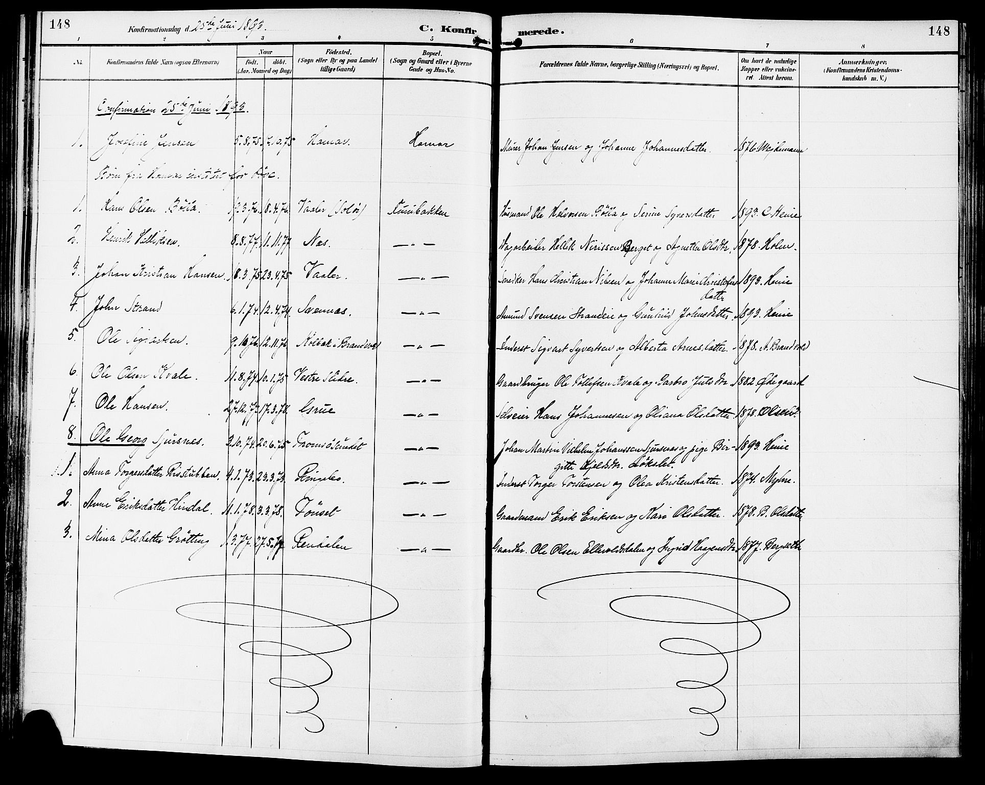 Vang prestekontor, Hedmark, SAH/PREST-008/H/Ha/Haa/L0017: Parish register (official) no. 17, 1890-1899, p. 148