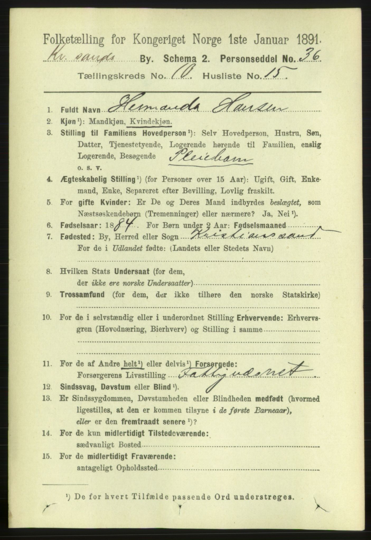 RA, 1891 census for 1001 Kristiansand, 1891, p. 5555