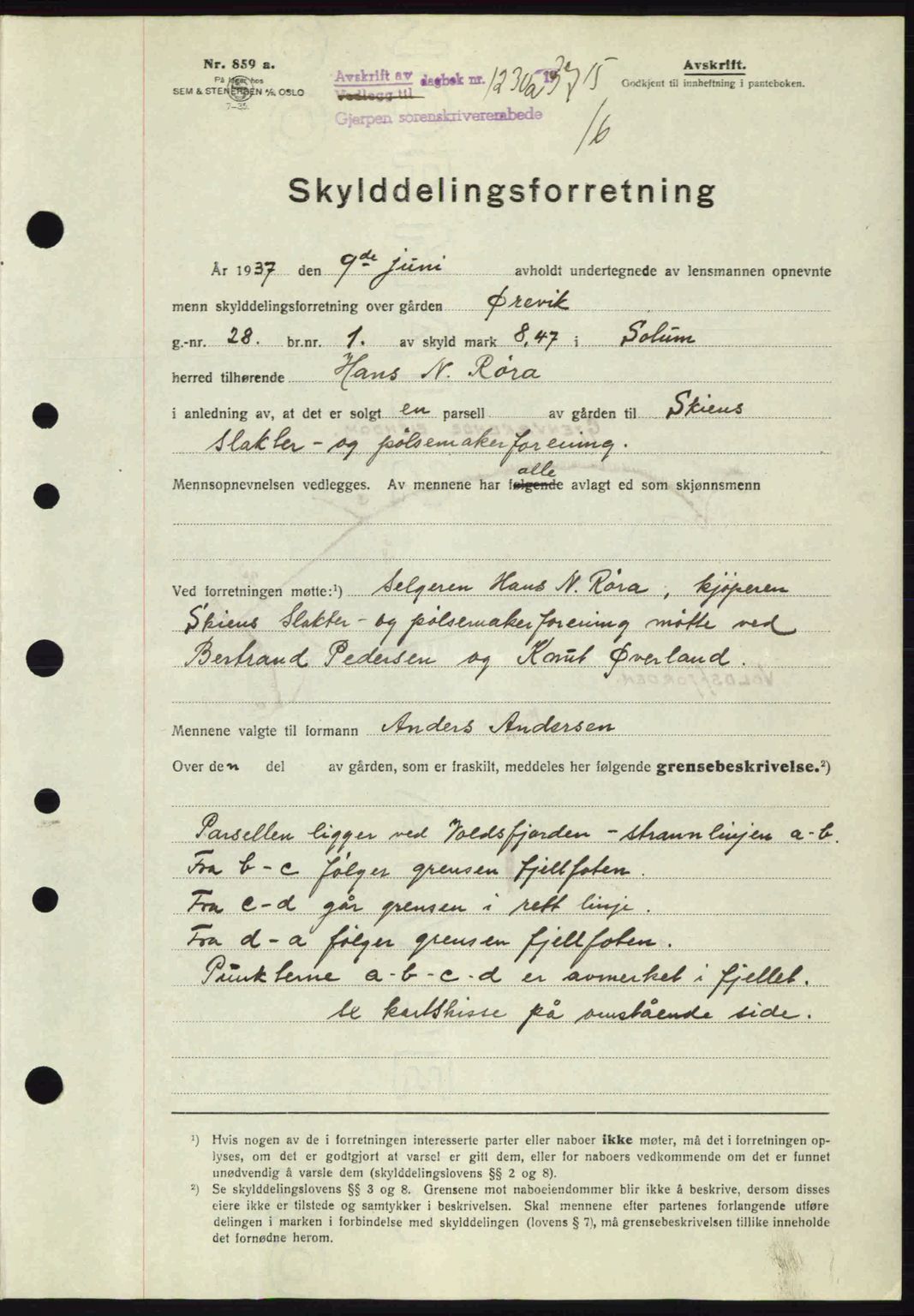 Gjerpen sorenskriveri, AV/SAKO-A-216/G/Ga/Gae/L0069: Mortgage book no. A-68 - A-70, 1937-1938, Diary no: : 1230/1937