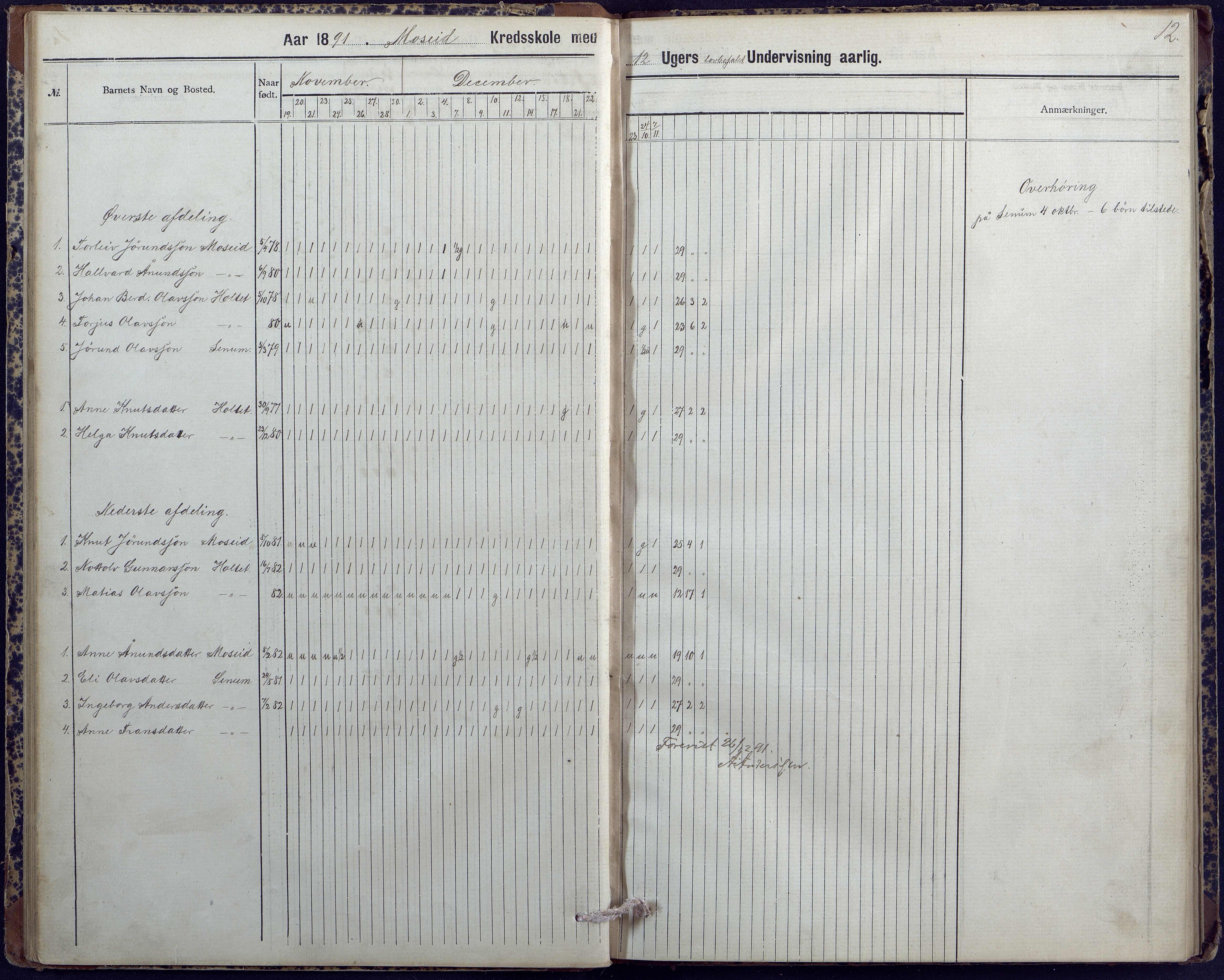 Hornnes kommune, Moi, Moseid, Kjetså skolekretser, AAKS/KA0936-550e/F1/L0004: Dagbok. Moseid, Moi, 1886-1891, p. 12