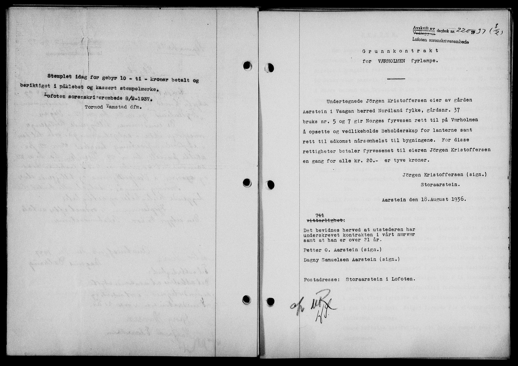 Lofoten sorenskriveri, SAT/A-0017/1/2/2C/L0001a: Mortgage book no. 1a, 1936-1937, Diary no: : 220/1937
