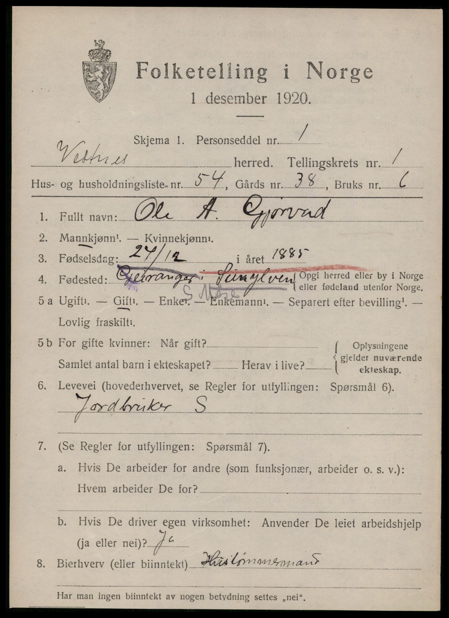 SAT, 1920 census for Vestnes, 1920, p. 1853