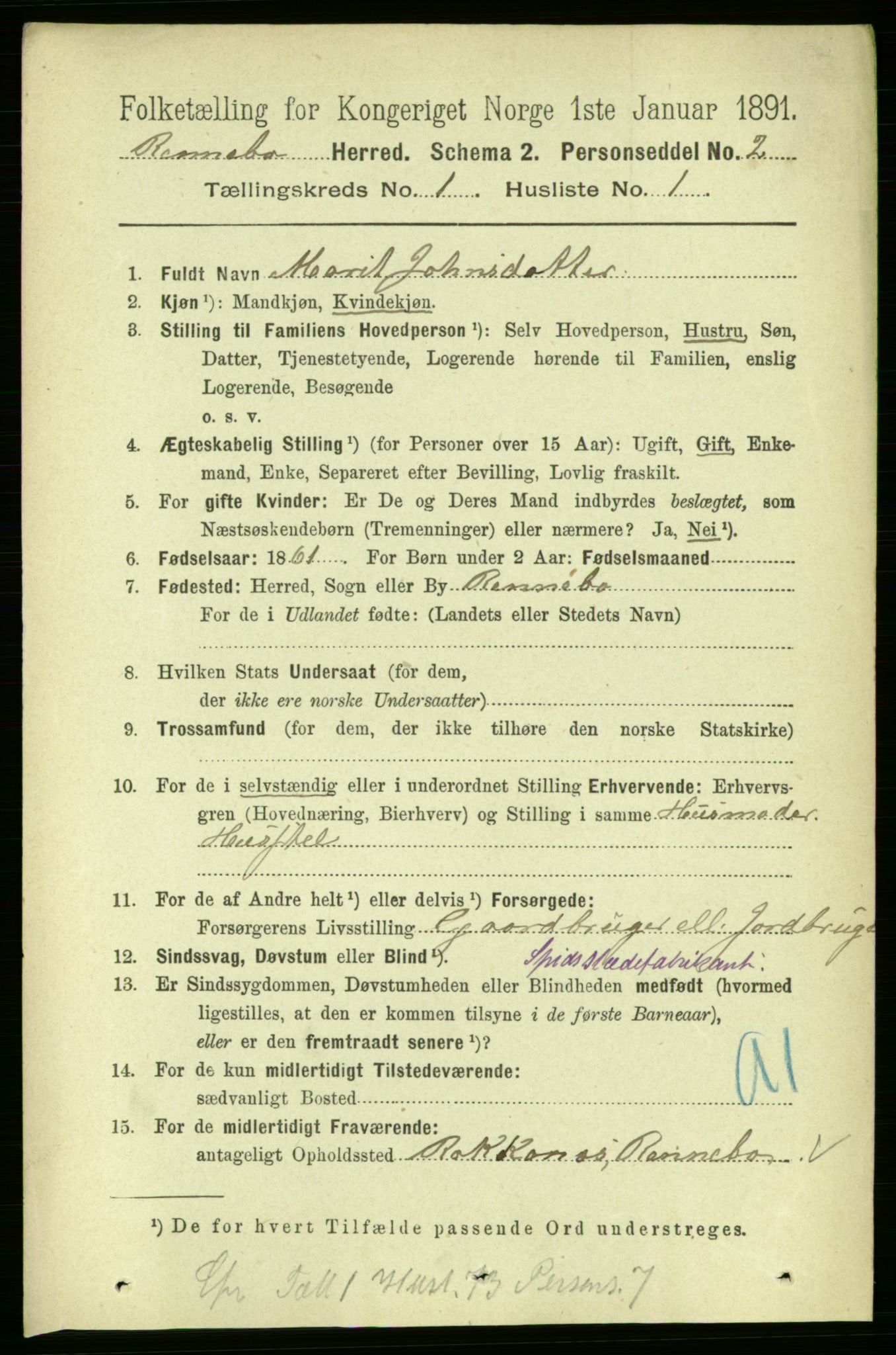 RA, 1891 census for 1635 Rennebu, 1891, p. 107