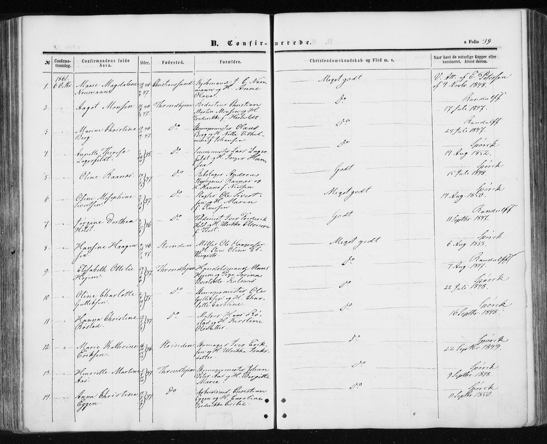 Ministerialprotokoller, klokkerbøker og fødselsregistre - Sør-Trøndelag, SAT/A-1456/601/L0053: Parish register (official) no. 601A21, 1857-1865, p. 39