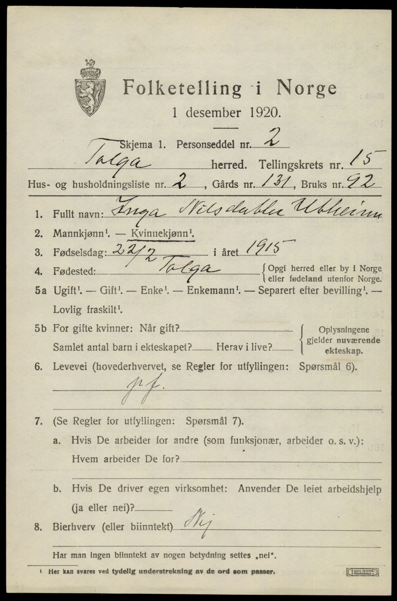 SAH, 1920 census for Tolga, 1920, p. 6891