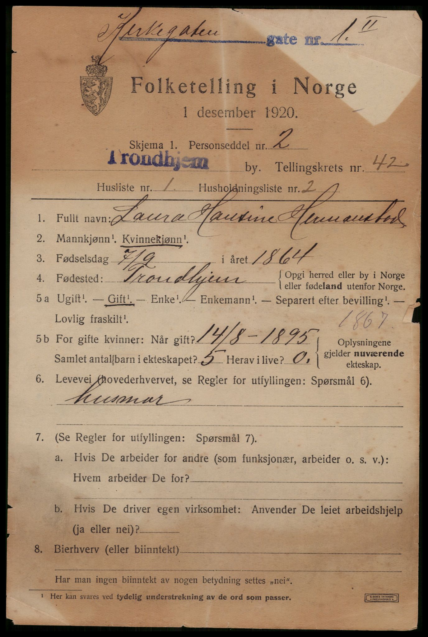 SAT, 1920 census for Trondheim, 1920, p. 92084